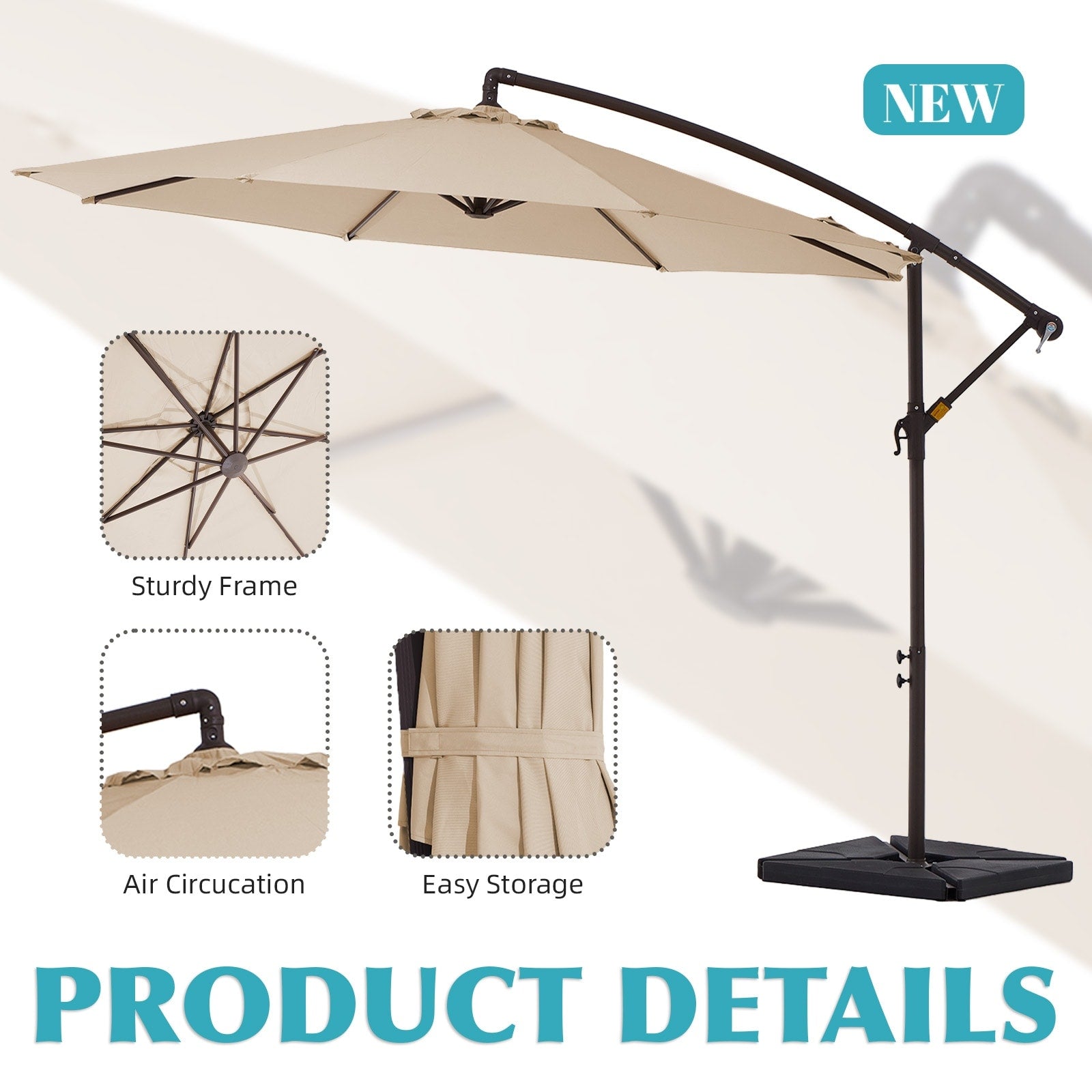 Ombrellone a sbalzo in acciaio da 10 piedi con sollevamento a manovella e base zavorrata