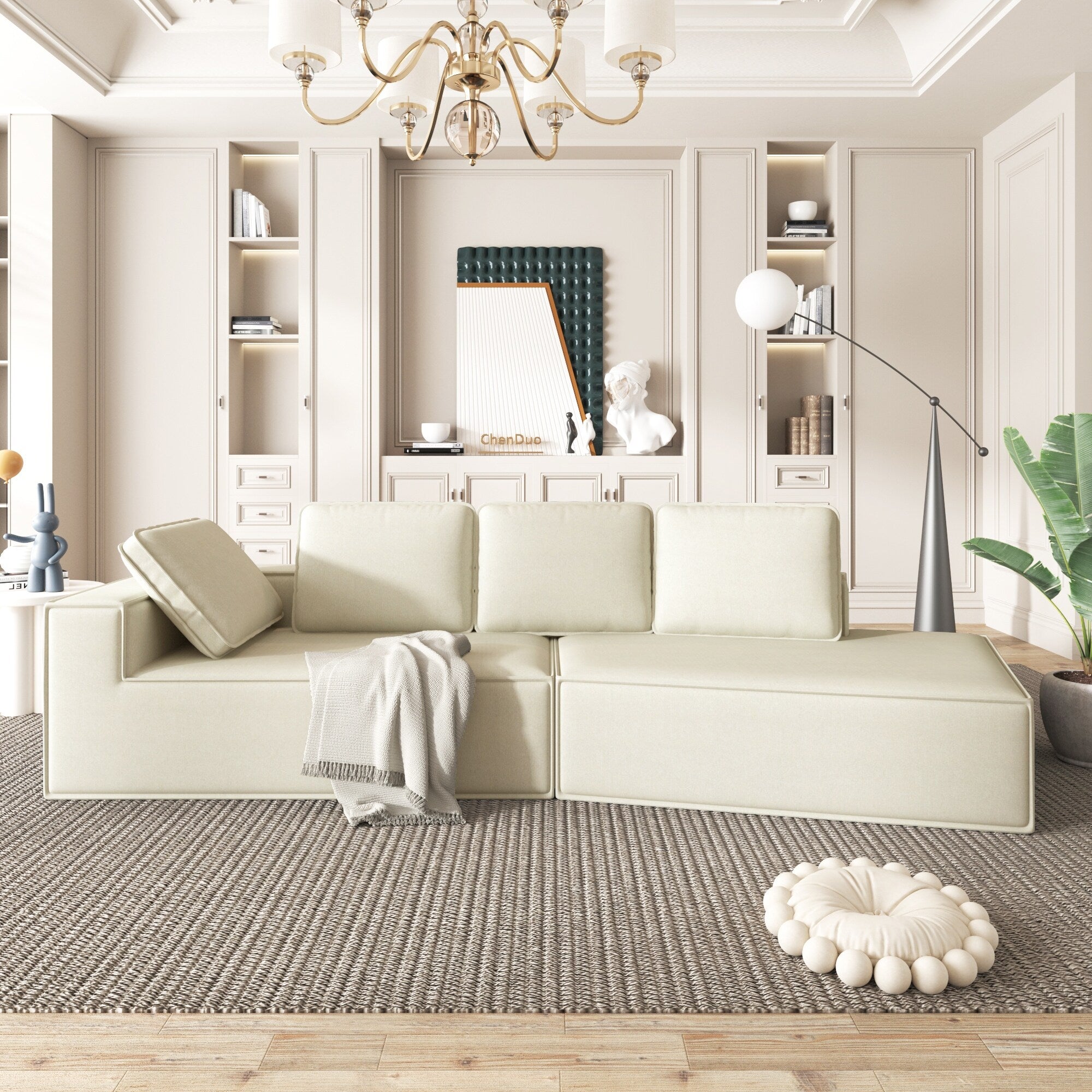 125 Elegante divano letto moderno per interni con chaise longue, dalle linee pulite, per soggiorno, beige