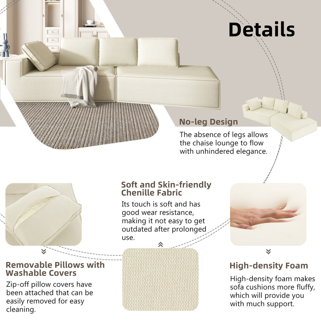 125 Elegante divano letto moderno per interni con chaise longue, dalle linee pulite, per soggiorno, beige