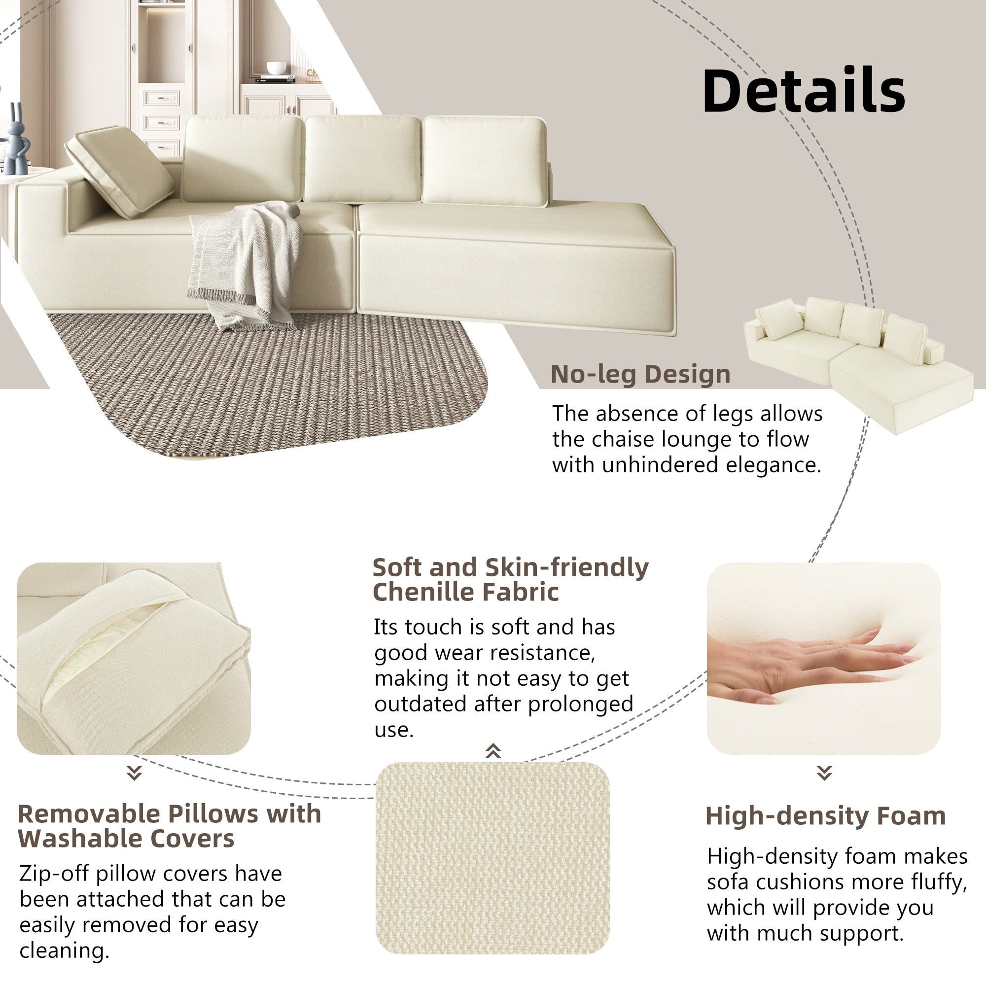 125 Elegante divano letto moderno per interni con chaise longue, dalle linee pulite, per soggiorno, beige