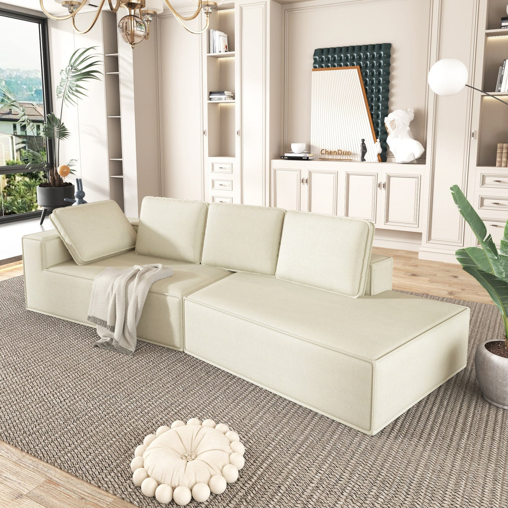 125 Elegante divano letto moderno per interni con chaise longue, dalle linee pulite, per soggiorno, beige