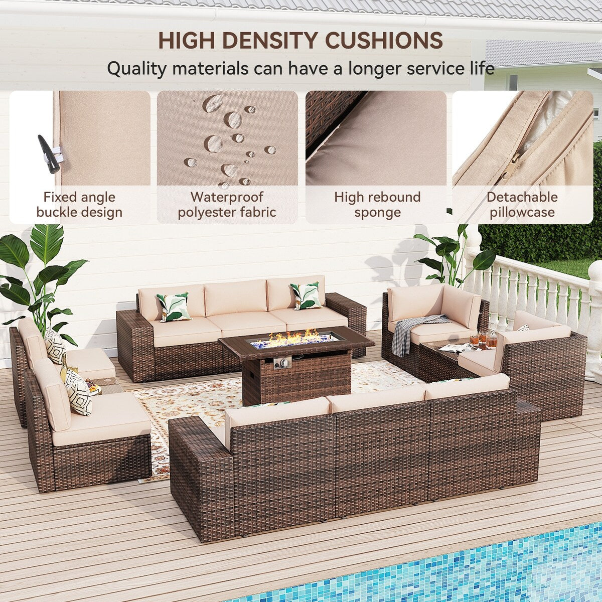 Set di mobili da giardino da 13 pezzi con tavolo da fuoco da 44 pollici