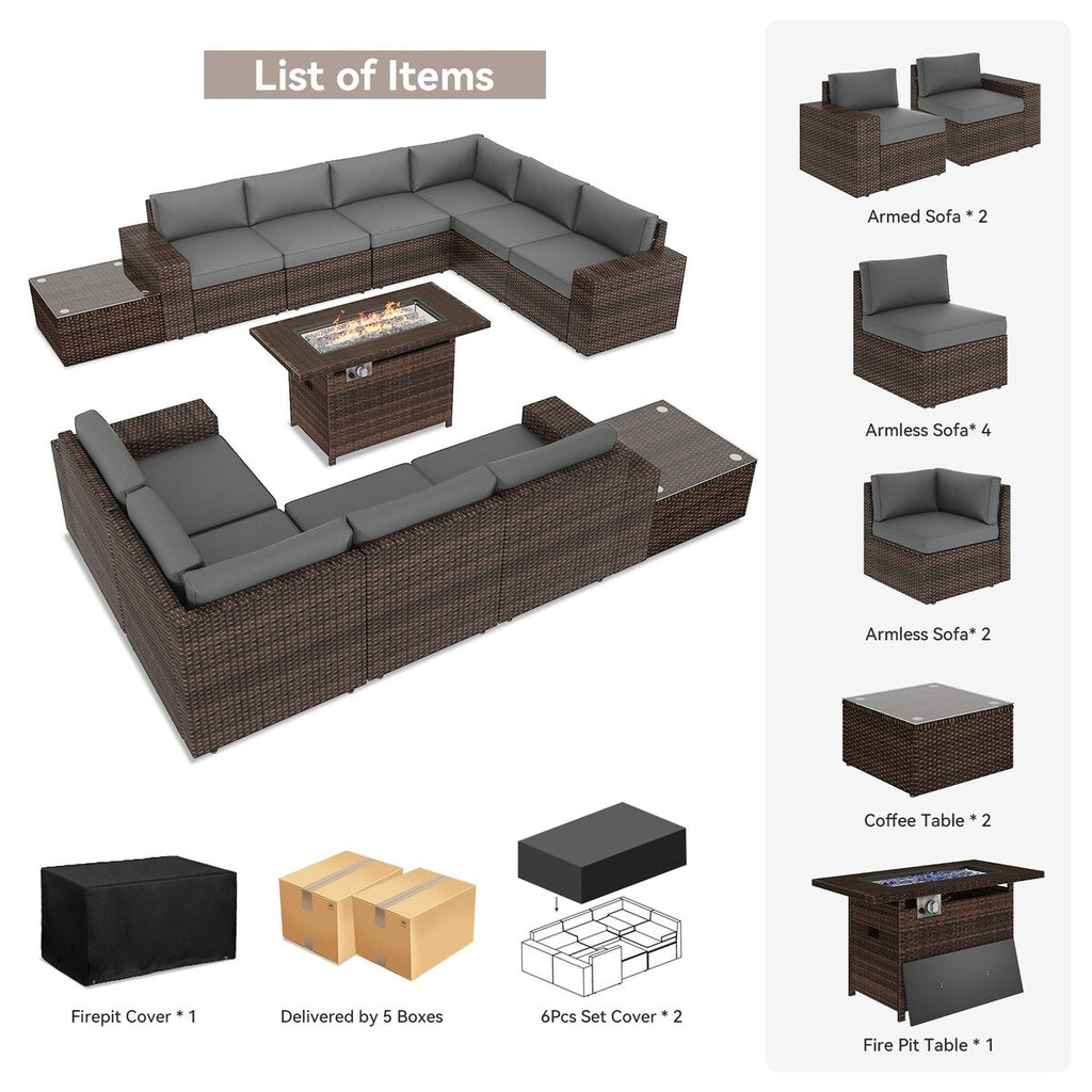 Set di mobili da giardino da 13 pezzi con tavolo da fuoco da 44 pollici