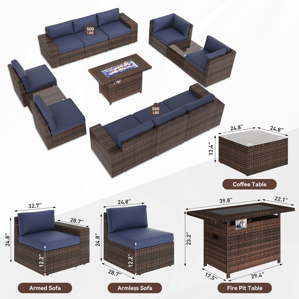 Set di mobili da giardino da 13 pezzi con tavolo da fuoco da 44 pollici