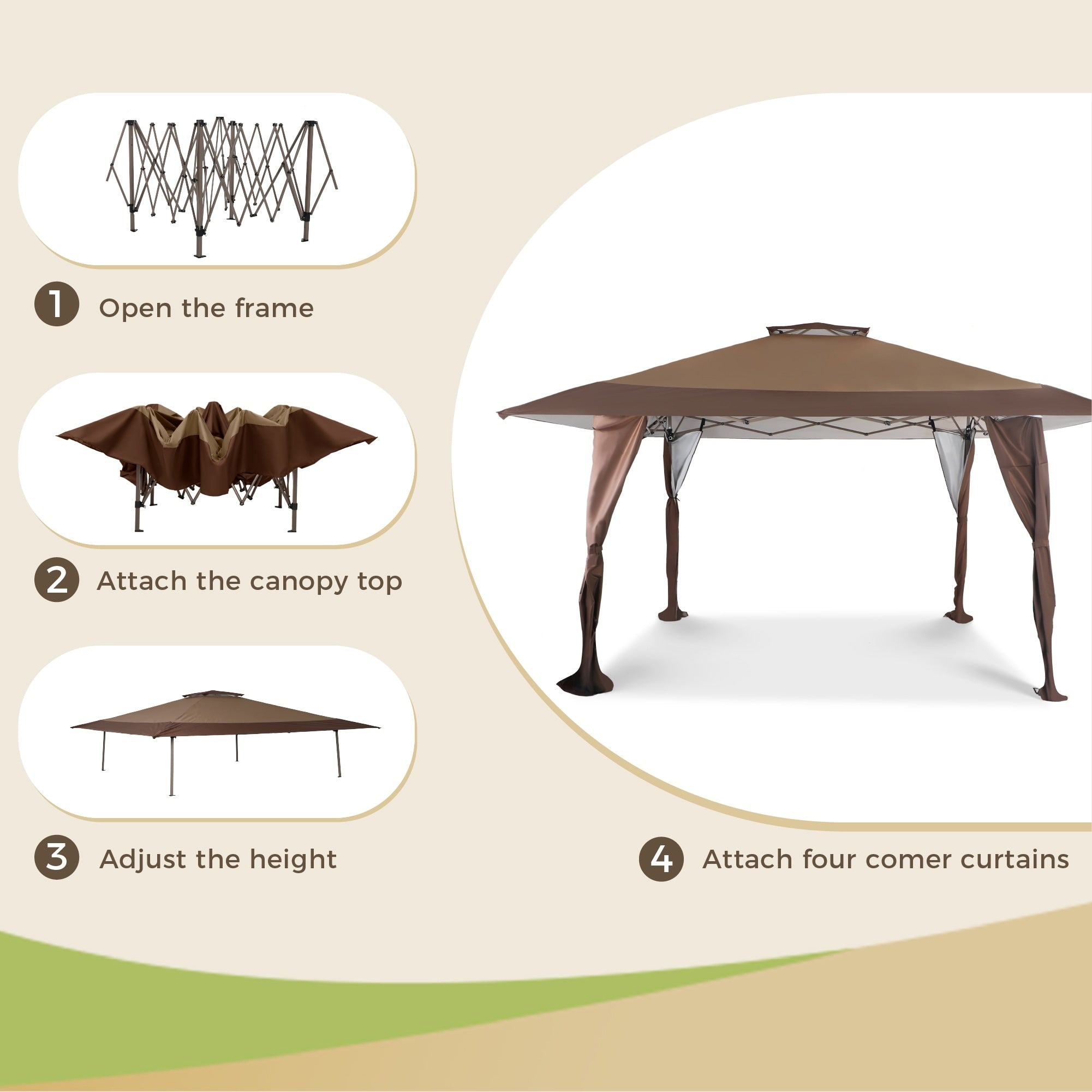 Gazebo da giardino rinforzato con baldacchino pop-up da esterno 13' x 13' con elegante tenda angolare - 13x13 piedi