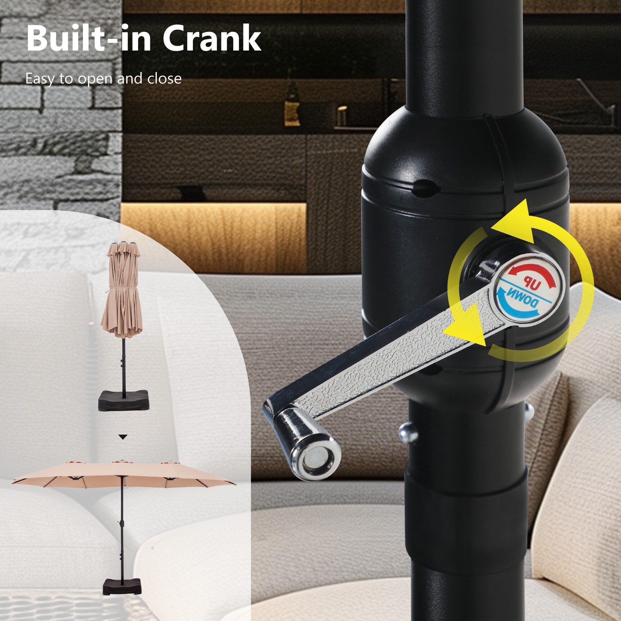 Ombrellone da esterno rettangolare da 15 piedi con manovella, doppio lato, con illuminazione a LED solare e base inclusa