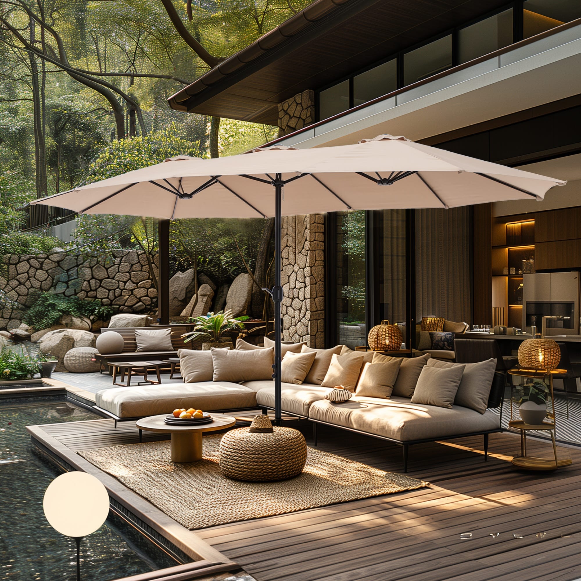 Ombrellone da esterno rettangolare da 15 piedi con manovella, doppio lato, con illuminazione a LED solare e base inclusa