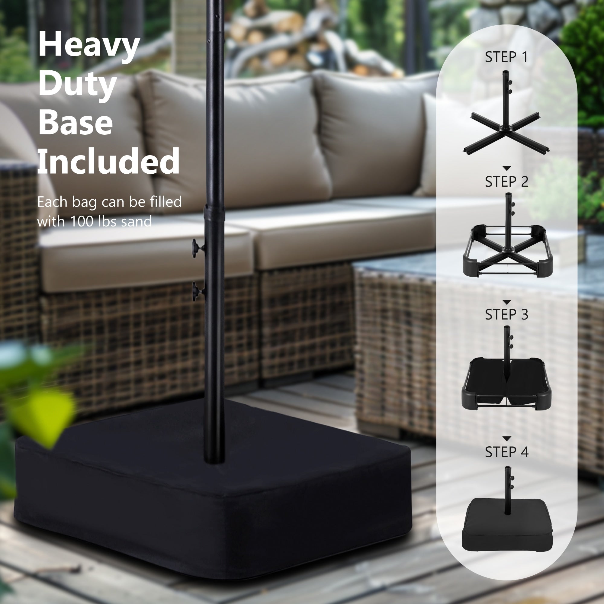 Ombrellone da esterno rettangolare da 15 piedi con manovella, doppio lato, con illuminazione a LED solare e base inclusa