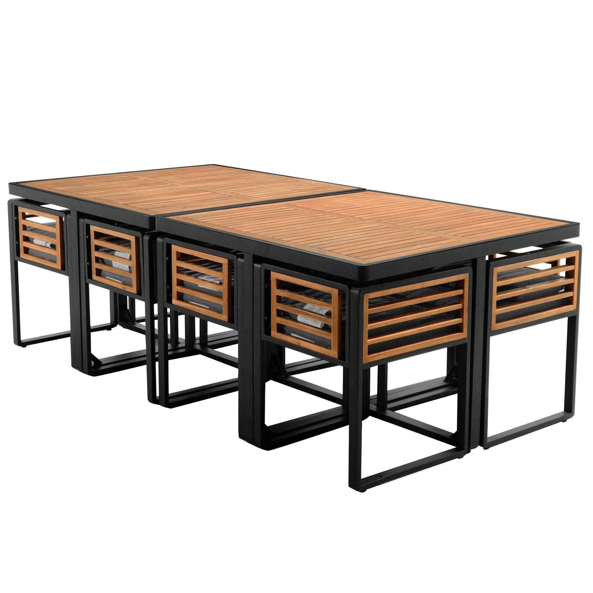 Set da pranzo da giardino in legno di acacia da 18 pezzi, 8 sedie imbottite, 8 pouf e 2 tavoli quadrati