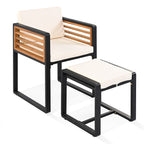 Set da pranzo da giardino in legno di acacia da 18 pezzi, 8 sedie imbottite, 8 pouf e 2 tavoli quadrati