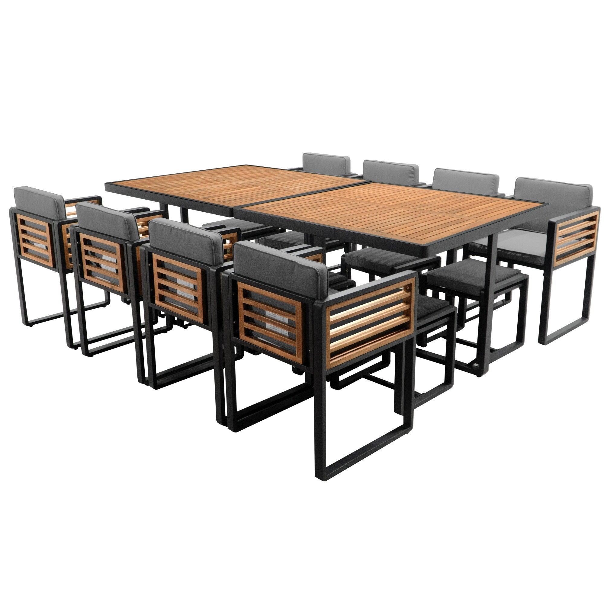 Set da pranzo da giardino in legno di acacia da 18 pezzi, 8 sedie imbottite, 8 pouf e 2 tavoli quadrati