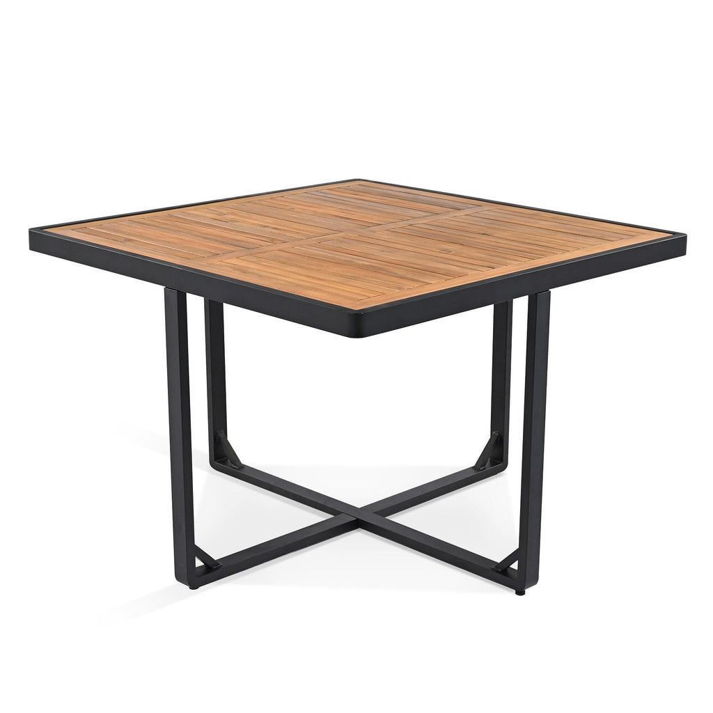 Set da pranzo da giardino in legno di acacia da 18 pezzi, 8 sedie imbottite, 8 pouf e 2 tavoli quadrati