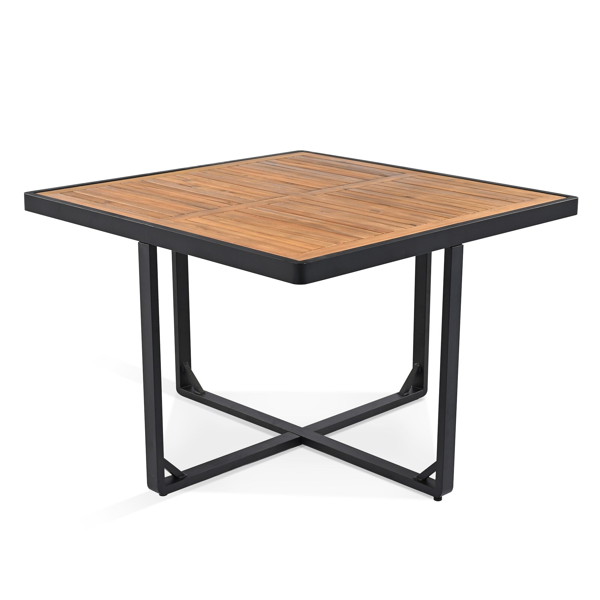 Set da pranzo da giardino in legno di acacia da 18 pezzi, 8 sedie imbottite, 8 pouf e 2 tavoli quadrati