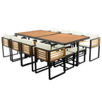 Set da pranzo da giardino in legno di acacia da 18 pezzi, 8 sedie imbottite, 8 pouf e 2 tavoli quadrati