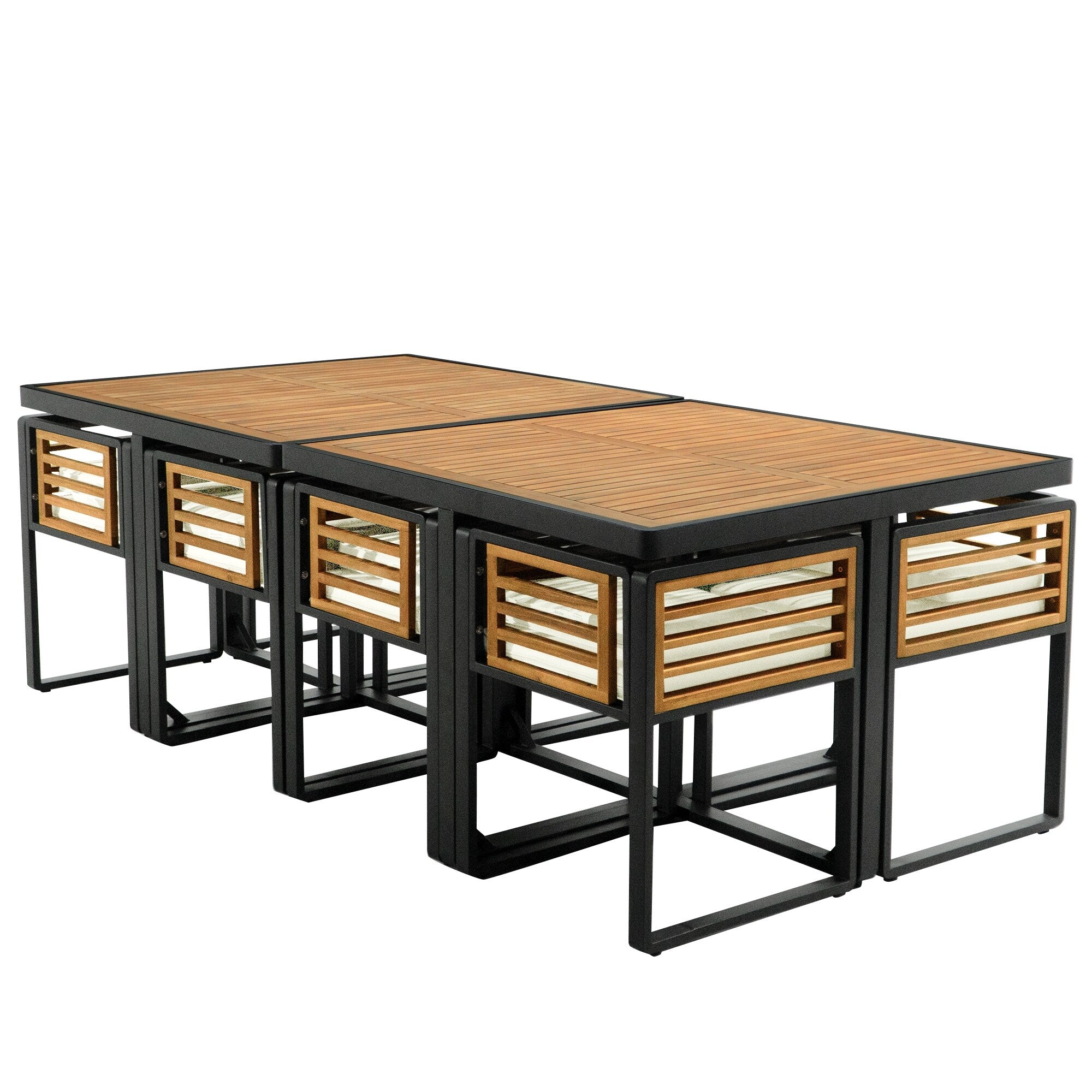 Set da pranzo da giardino in legno di acacia da 18 pezzi, 8 sedie imbottite, 8 pouf e 2 tavoli quadrati