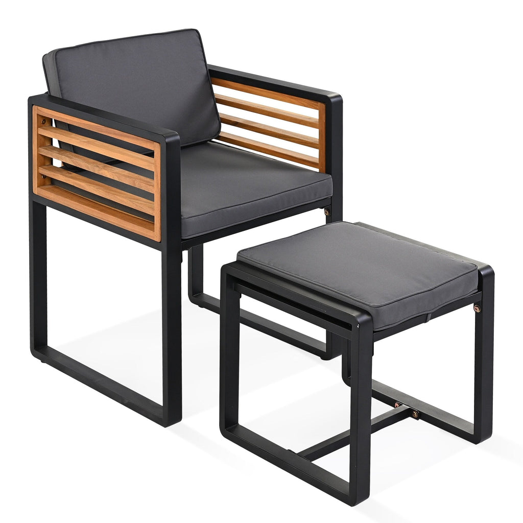 Set da pranzo da giardino in legno di acacia da 18 pezzi, 8 sedie imbottite, 8 pouf e 2 tavoli quadrati