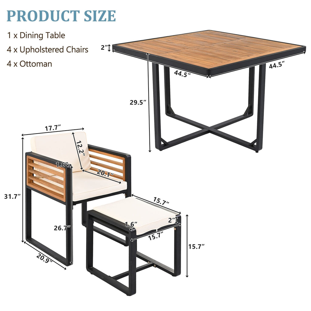 Set da pranzo da giardino in legno di acacia da 18 pezzi, 8 sedie imbottite, 8 pouf e 2 tavoli quadrati