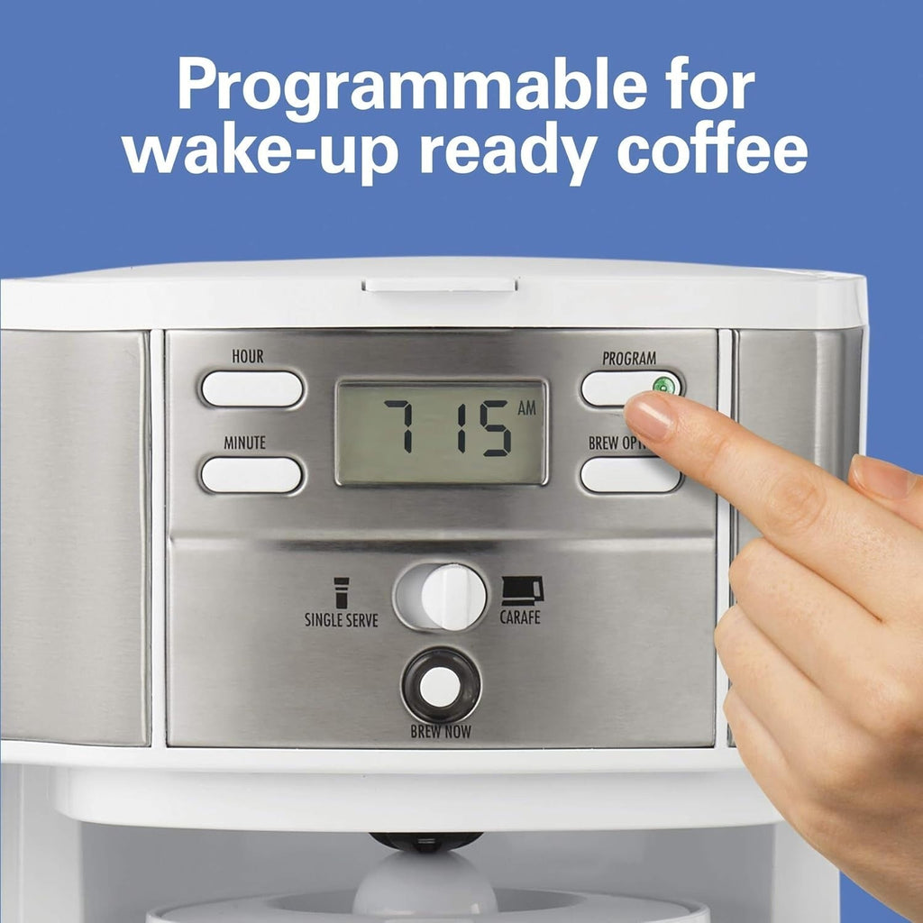 Macchina per caffè a 2 vie da 12 tazze e monodose, caraffa in vetro, pausa e versamento automatici, bianca