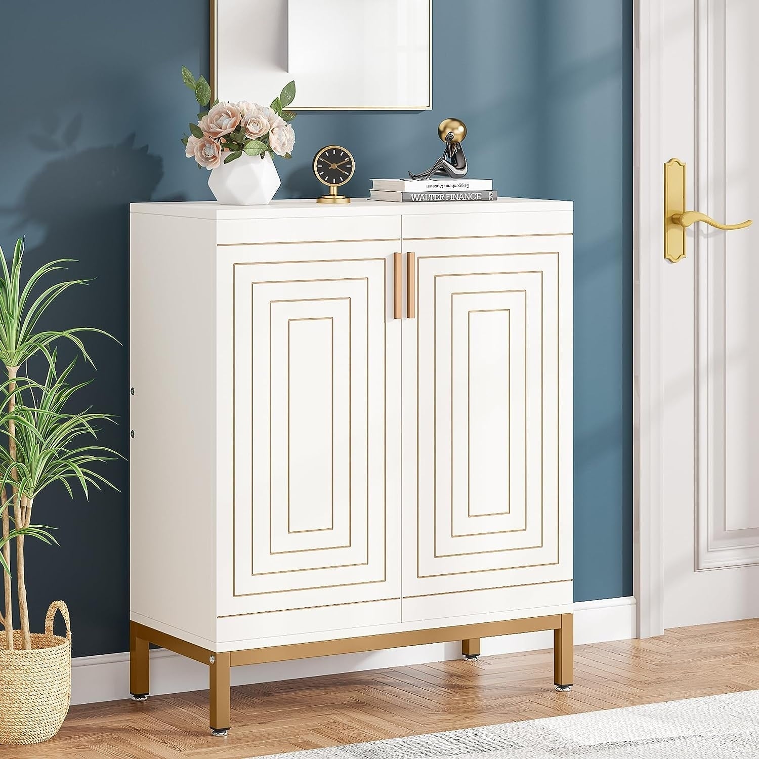 Scarpiera da 20 paia, scarpiera moderna da 37,4 pollici con ante, bianca e oro