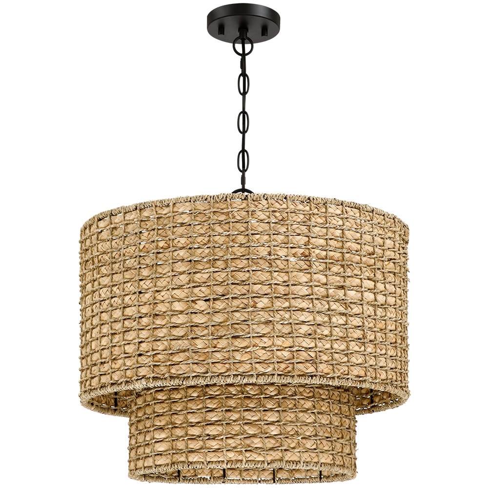 Lampada a sospensione tradizionale a tamburo in rattan naturale a 4 luci con baldacchino nero - Nero/terroso - 20 pollici di larghezza