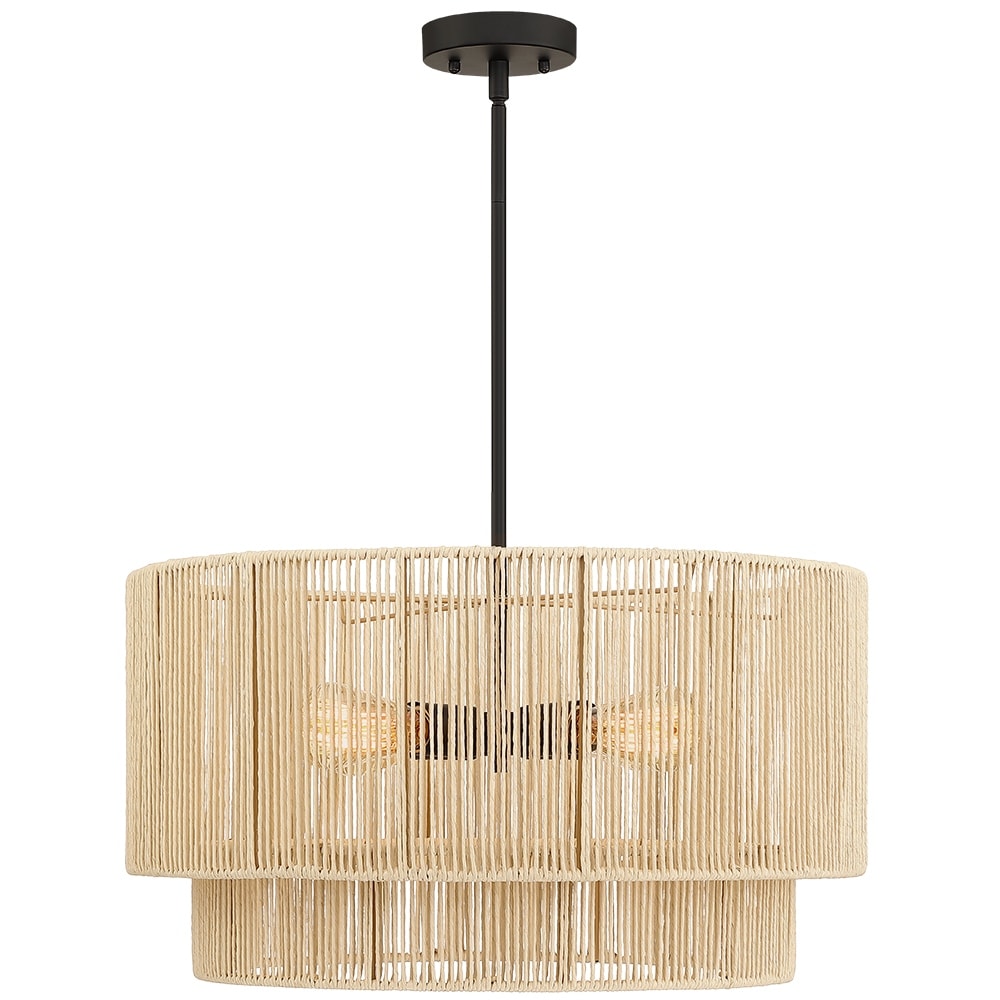 Lampadario a tamburo a 4 luci in rattan con baldacchino nero - 22'' W