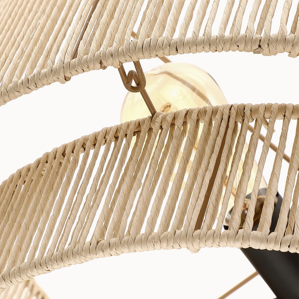 Lampadario a tamburo a 4 luci in rattan con baldacchino nero - 22'' W