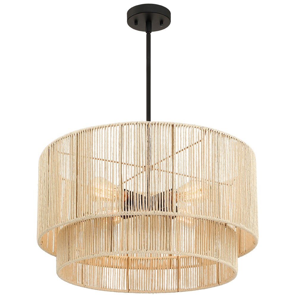 Lampadario a tamburo a 4 luci in rattan con baldacchino nero - 22'' W