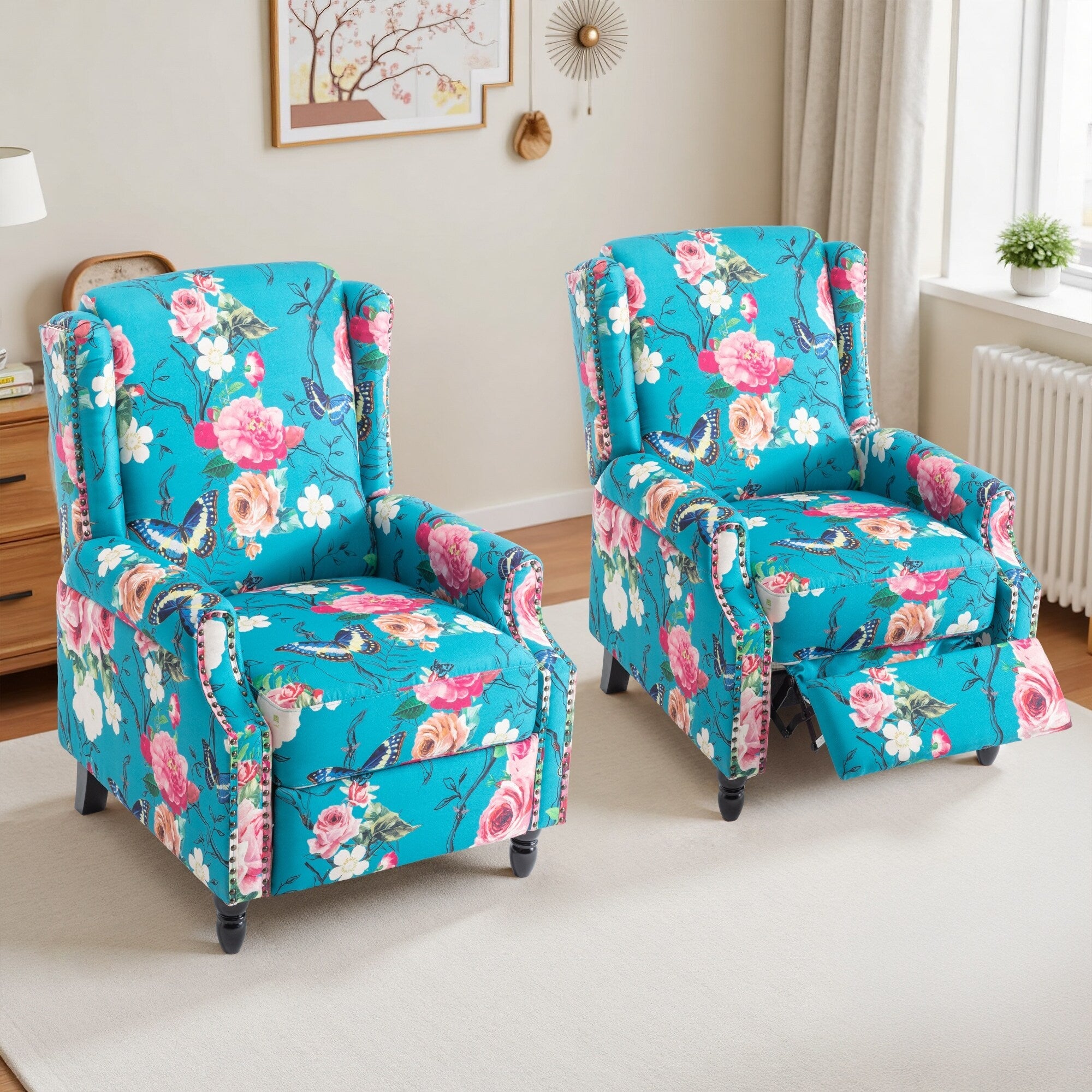 Set di 2 poltrone reclinabili manuali con schienale a spinta, stile vintage floreale, da 29'' di larghezza