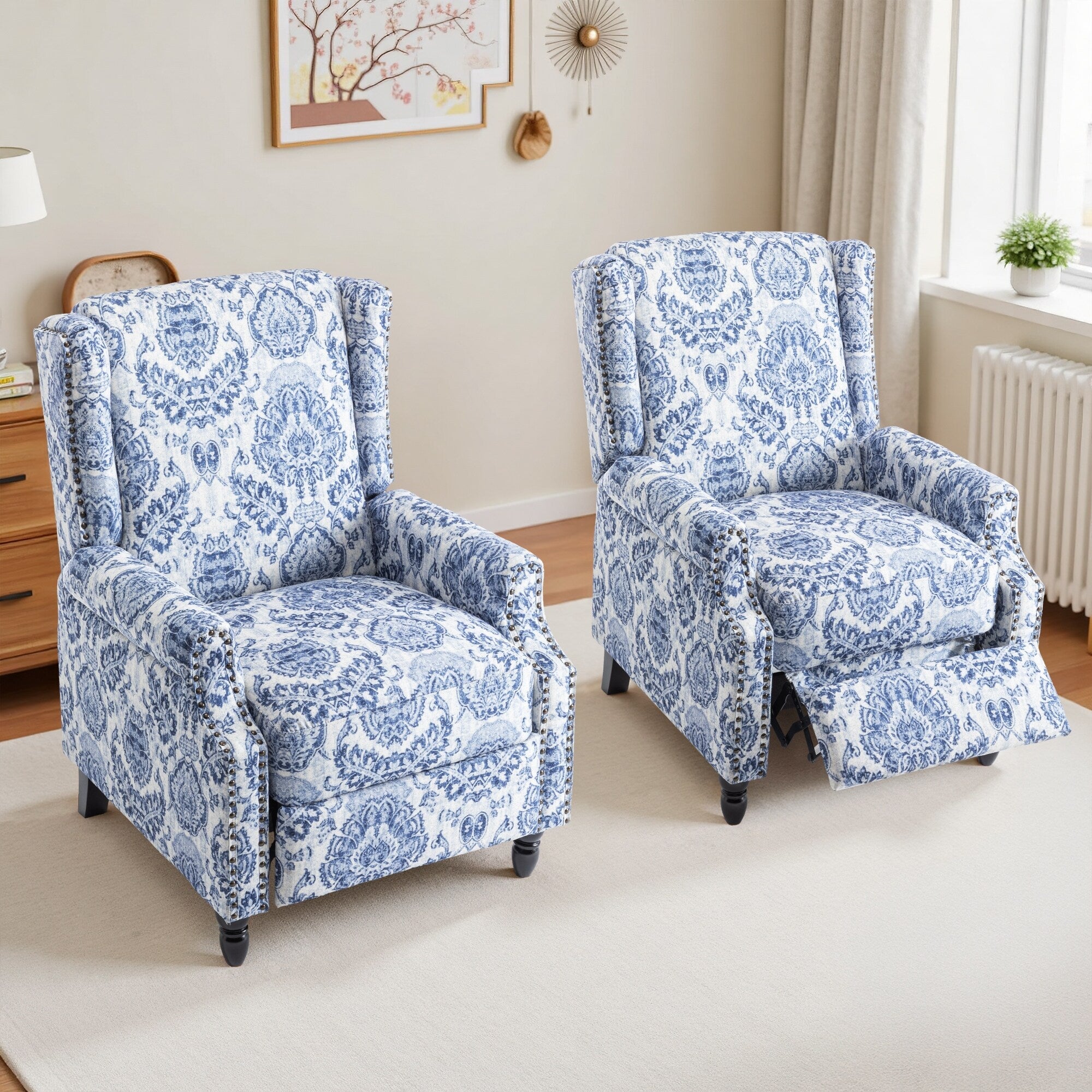 Set di 2 poltrone reclinabili manuali con schienale a spinta, stile vintage floreale, da 29'' di larghezza