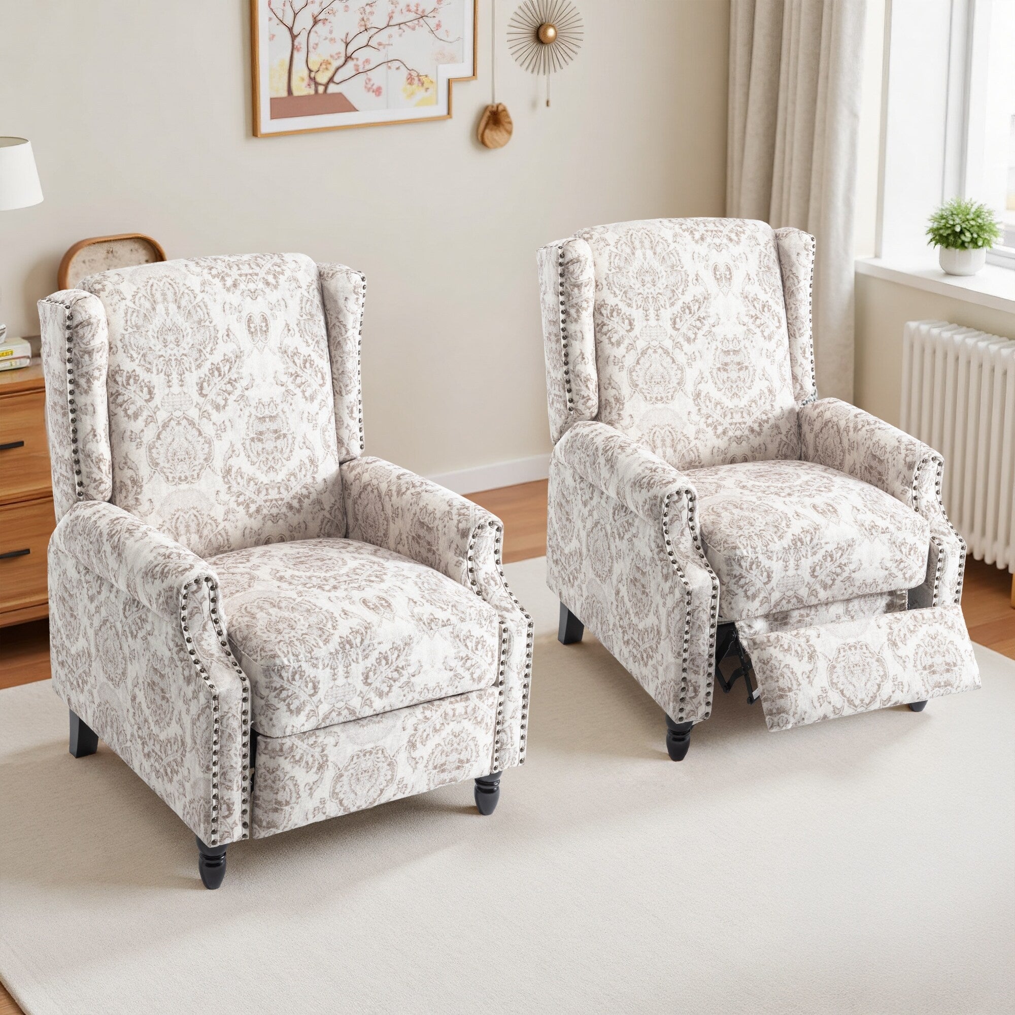 Set di 2 poltrone reclinabili manuali con schienale a spinta, stile vintage floreale, da 29'' di larghezza