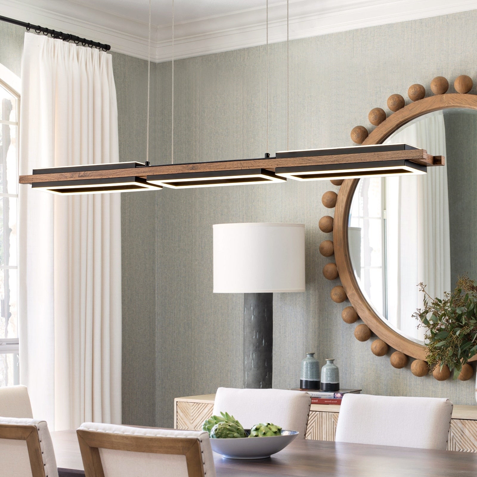 Lampadario lineare in legno a LED integrato da 3/5 luci per isola da cucina
