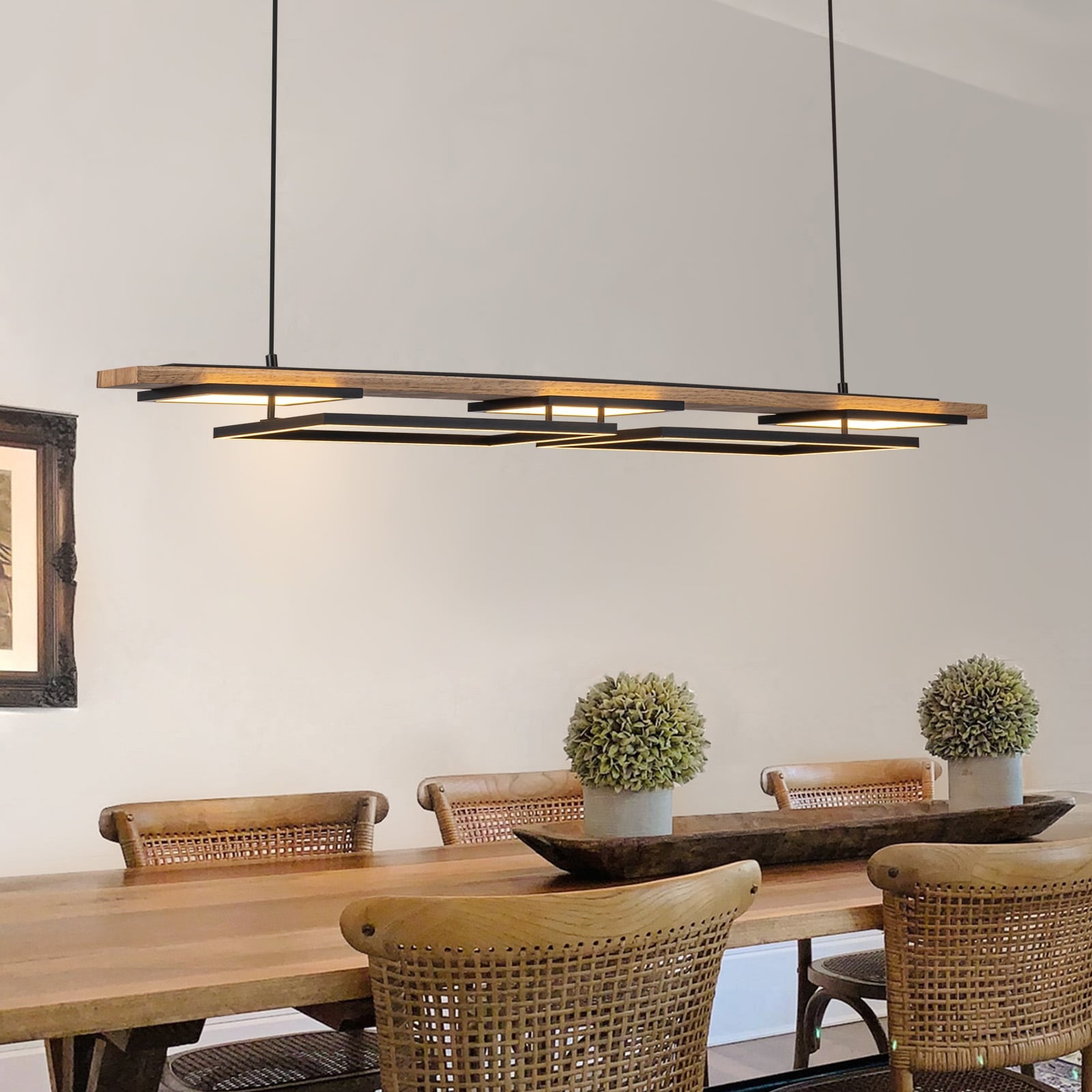 Lampadario lineare in legno a LED integrato da 3/5 luci per isola da cucina