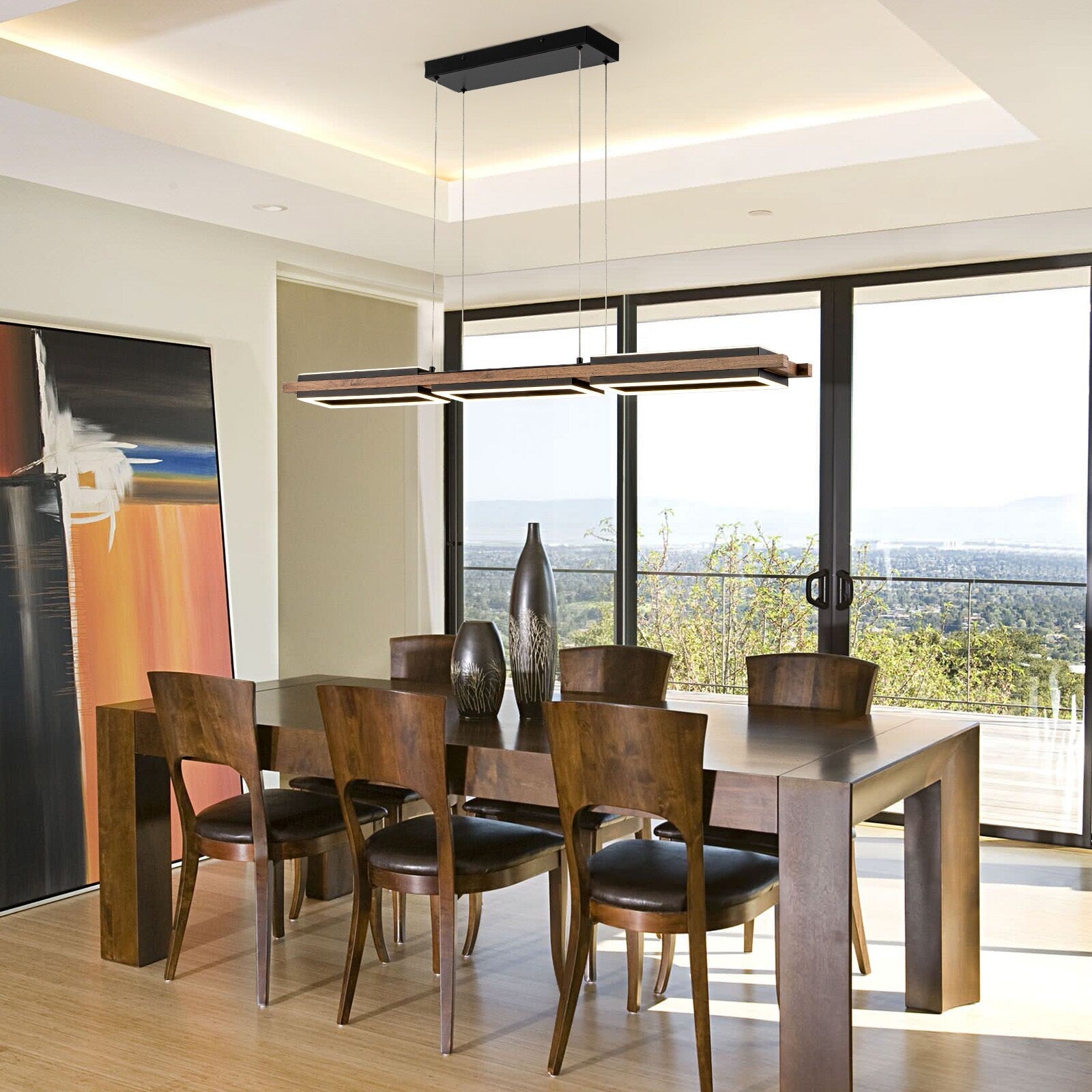 Lampadario lineare in legno a LED integrato da 3/5 luci per isola da cucina