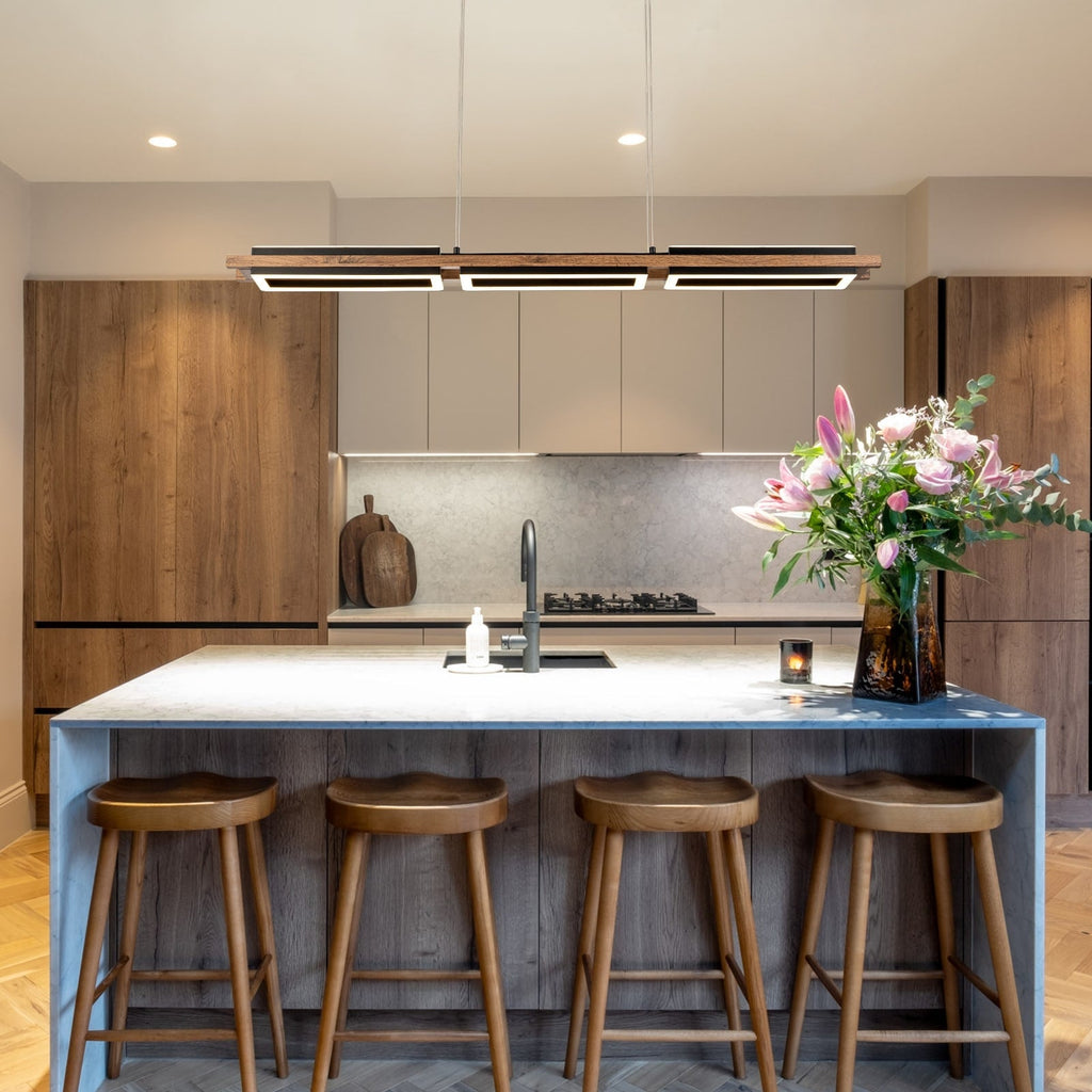 Lampadario lineare in legno a LED integrato da 3/5 luci per isola da cucina