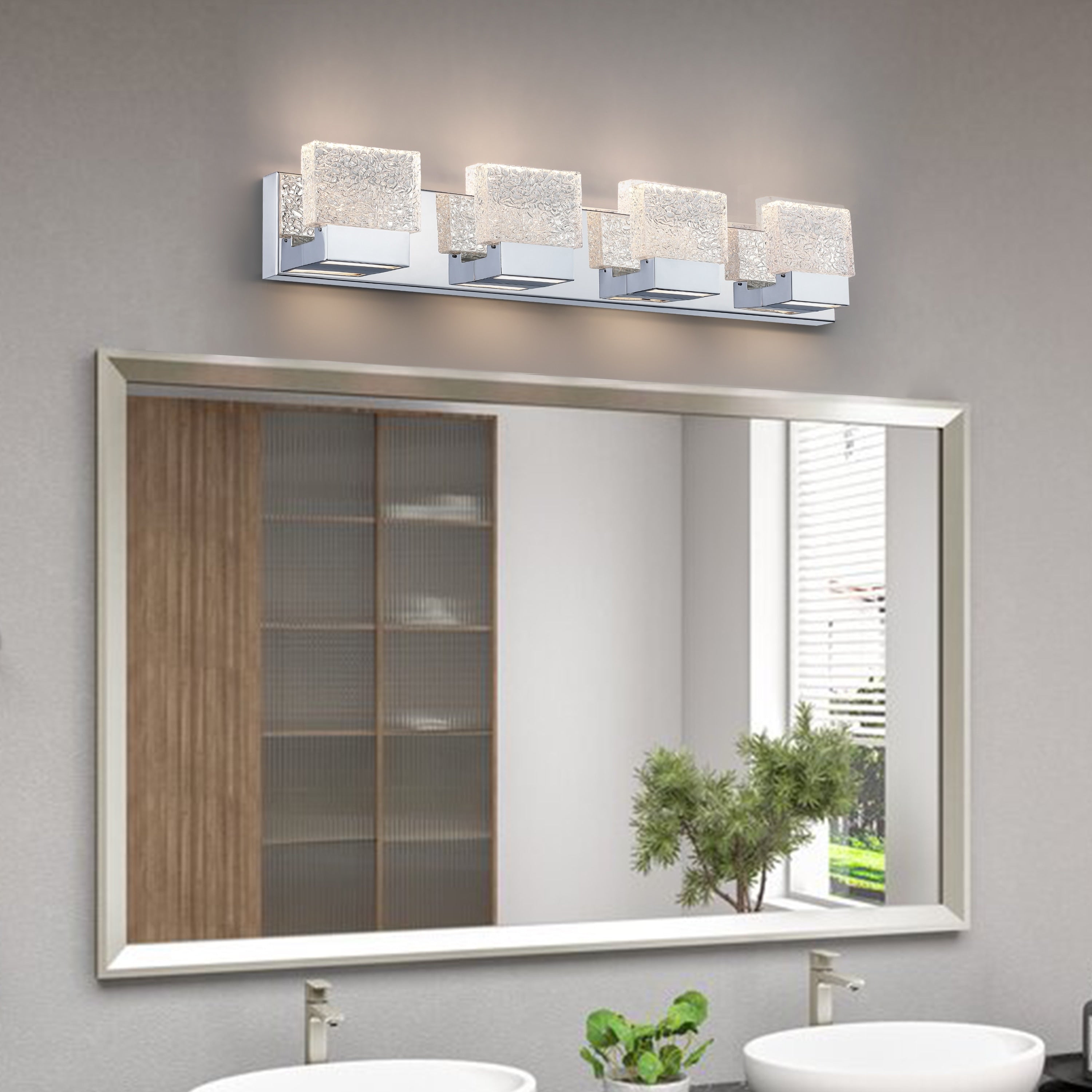 Lampada da toeletta a LED integrata in acciaio inossidabile 3000K Cattleya con paralumi in vetro artistico - Cromata