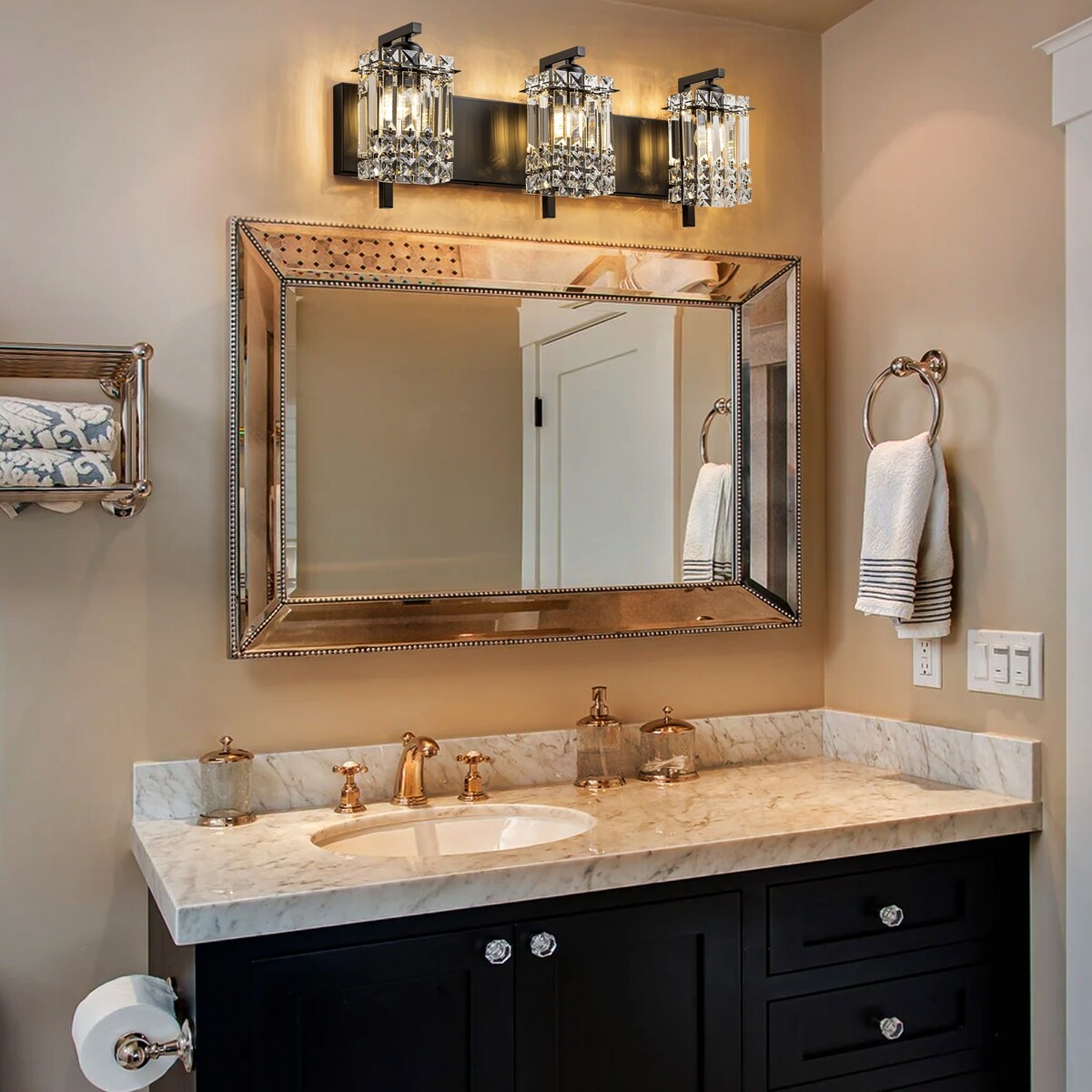 Applique da parete in cristallo per specchio da bagno moderno e glamour a 3 luci