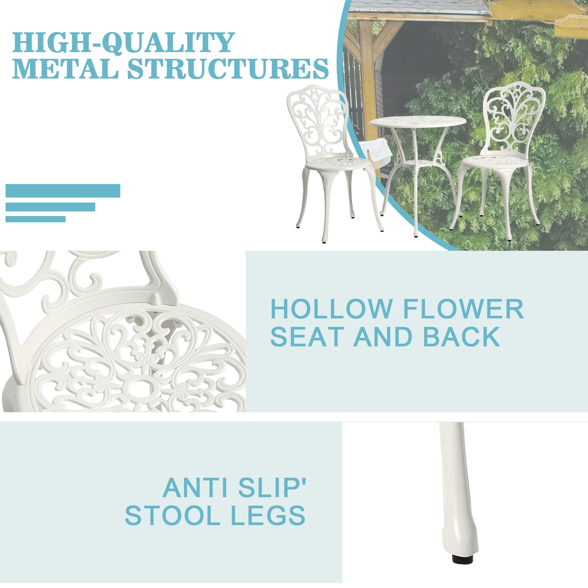 Tavolo e sedie a farfalla per patio esterno in alluminio, 3 pezzi, con foro per ombrellone