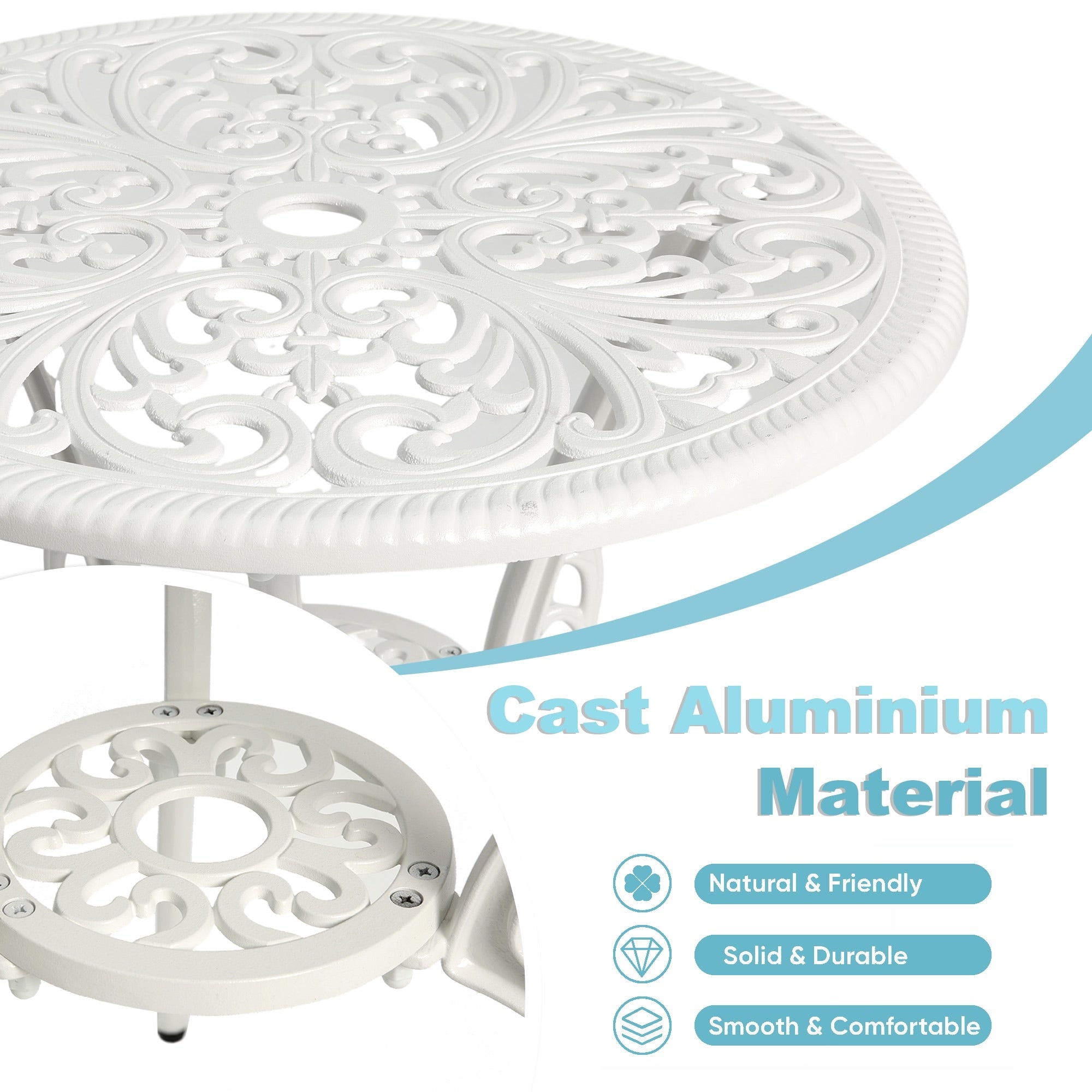 Tavolo e sedie a farfalla per patio esterno in alluminio, 3 pezzi, con foro per ombrellone