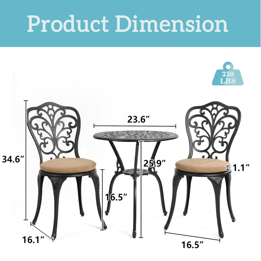 Tavolo e sedie a farfalla per patio esterno in alluminio, 3 pezzi, con foro per ombrellone