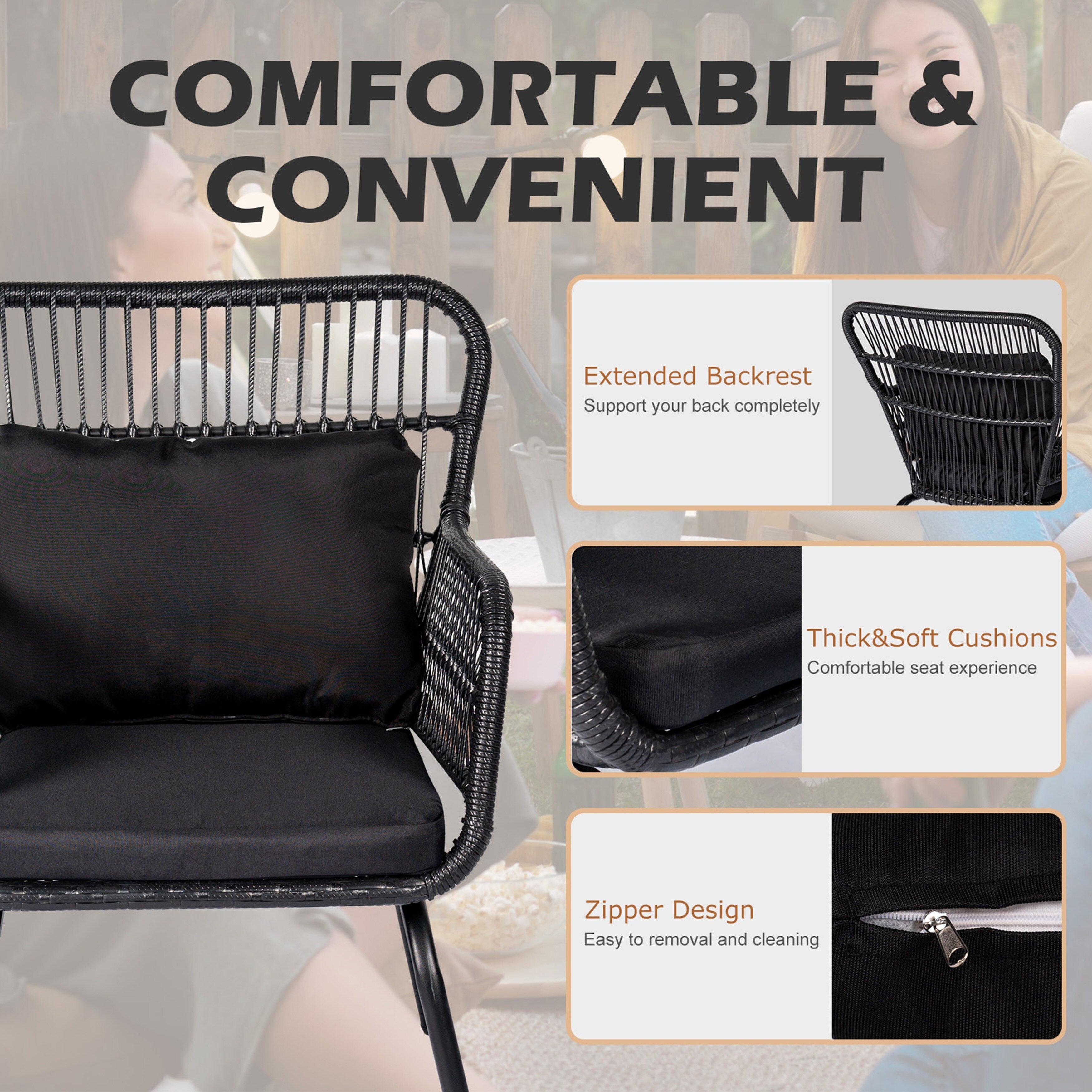 Set da bistrot da conversazione in vimini da esterno, 3 pezzi, set di sedie da giardino in rattan per tutte le stagioni con cuscini