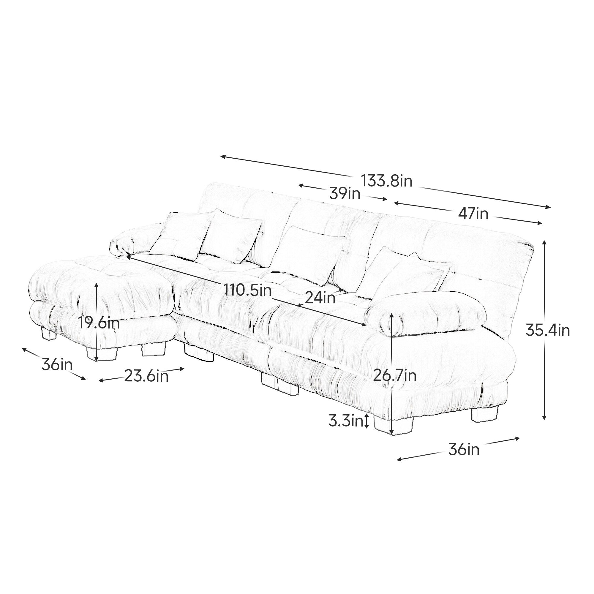 Divano componibile modulare a 3 posti, divano con seduta profonda, divano a forma di L con pouf trasformabile per soggiorno