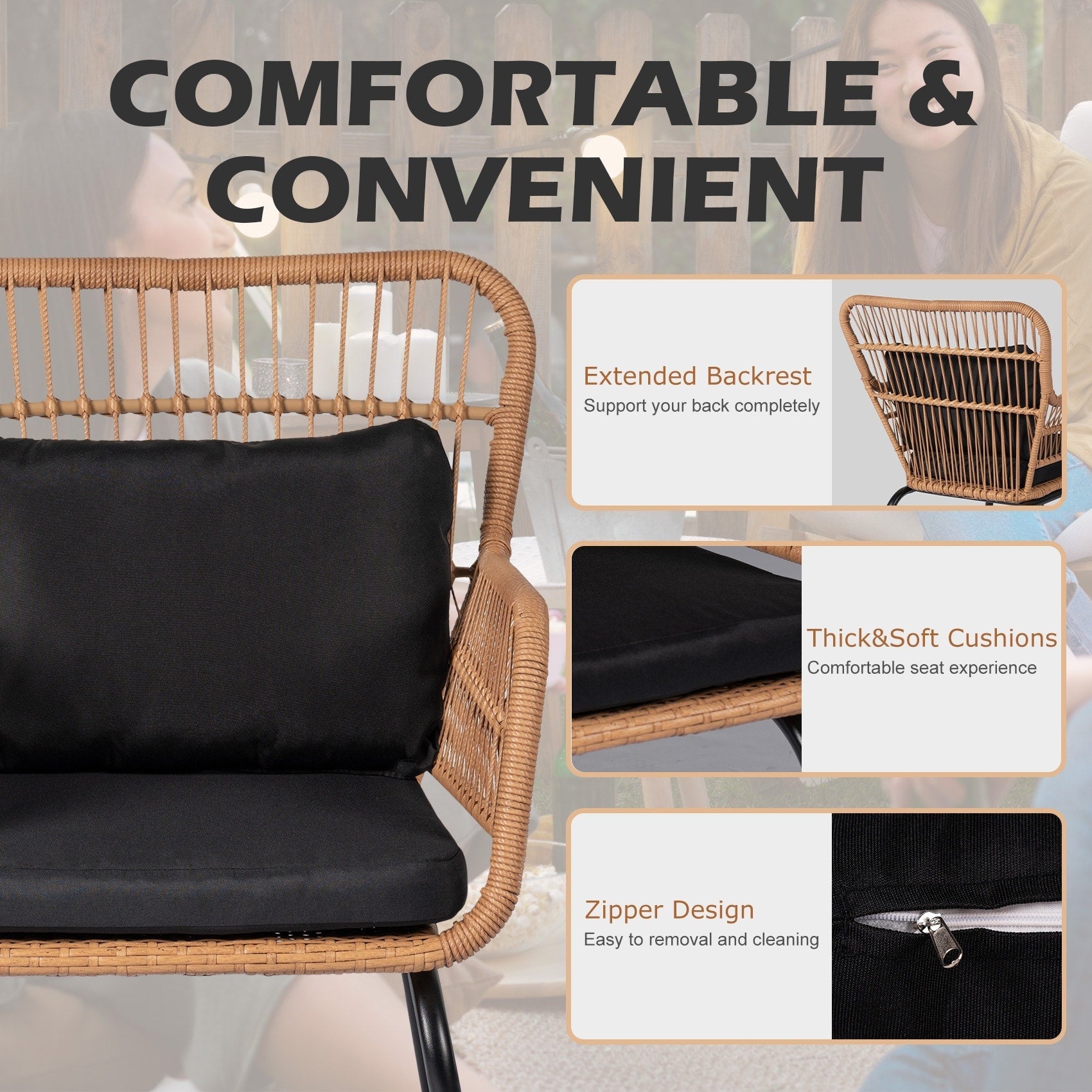 Set da bistrot da conversazione in vimini da esterno, 3 pezzi, set di sedie da giardino in rattan per tutte le stagioni con cuscini