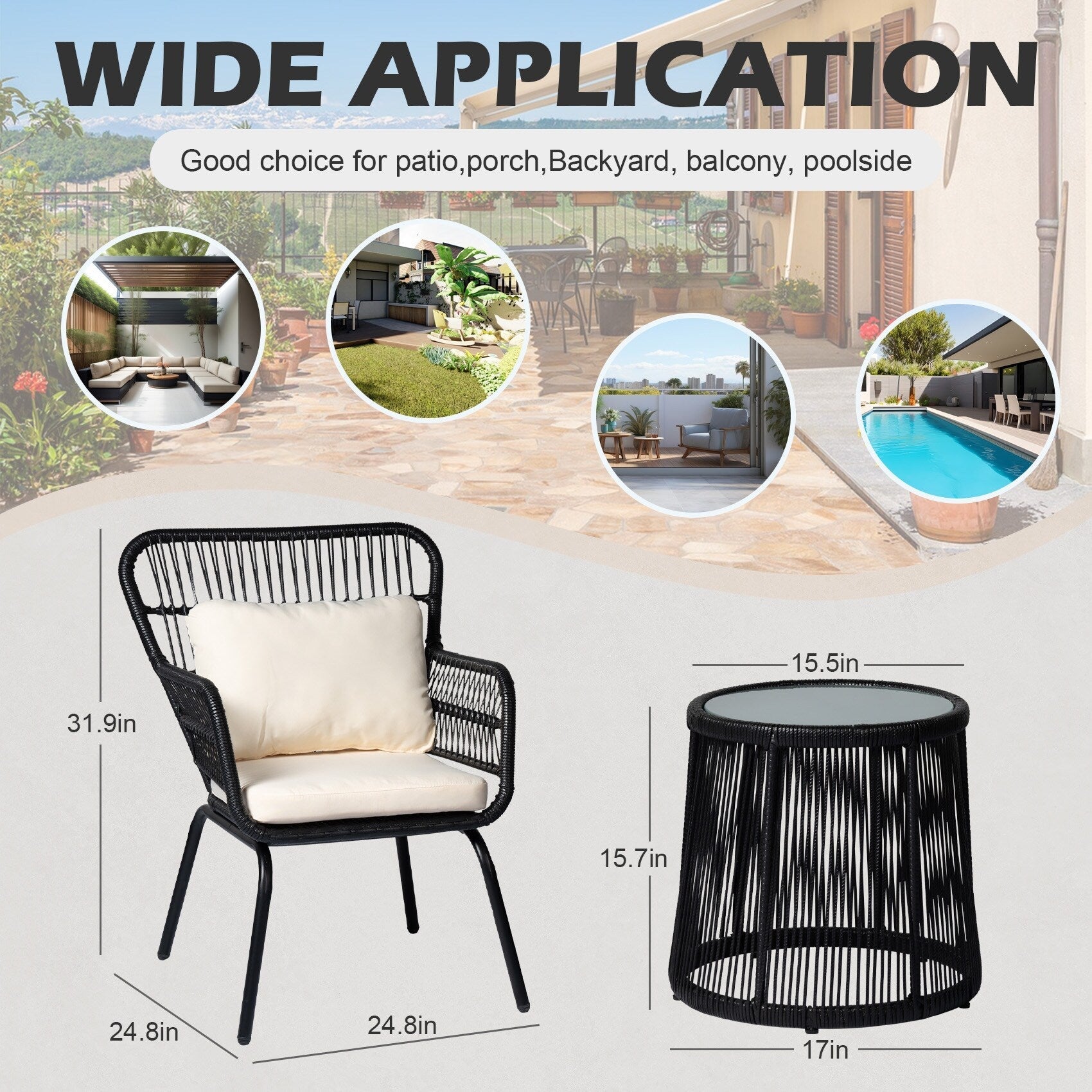 Set da bistrot da conversazione in vimini da esterno, 3 pezzi, set di sedie da giardino in rattan per tutte le stagioni con cuscini