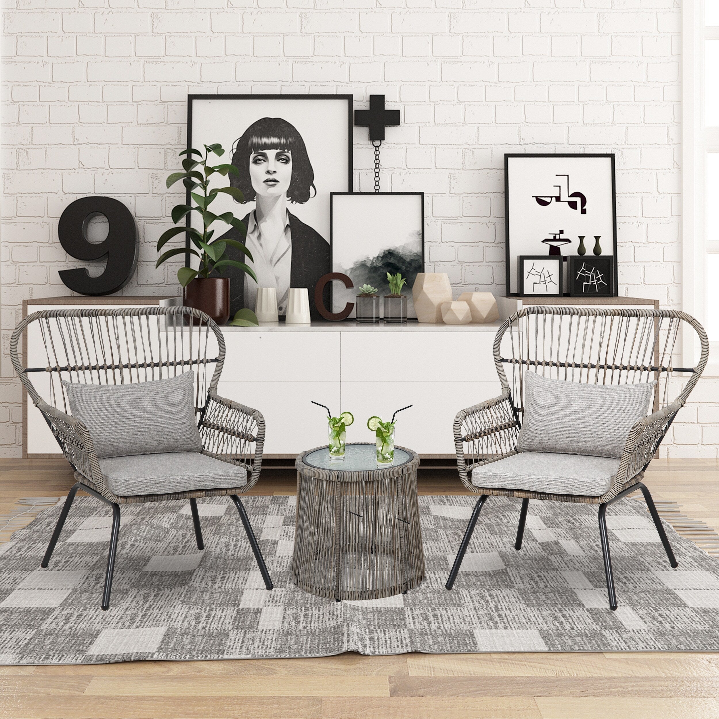 Set da bistrot da conversazione in vimini da esterno, 3 pezzi, set di sedie da giardino in rattan per tutte le stagioni con cuscini