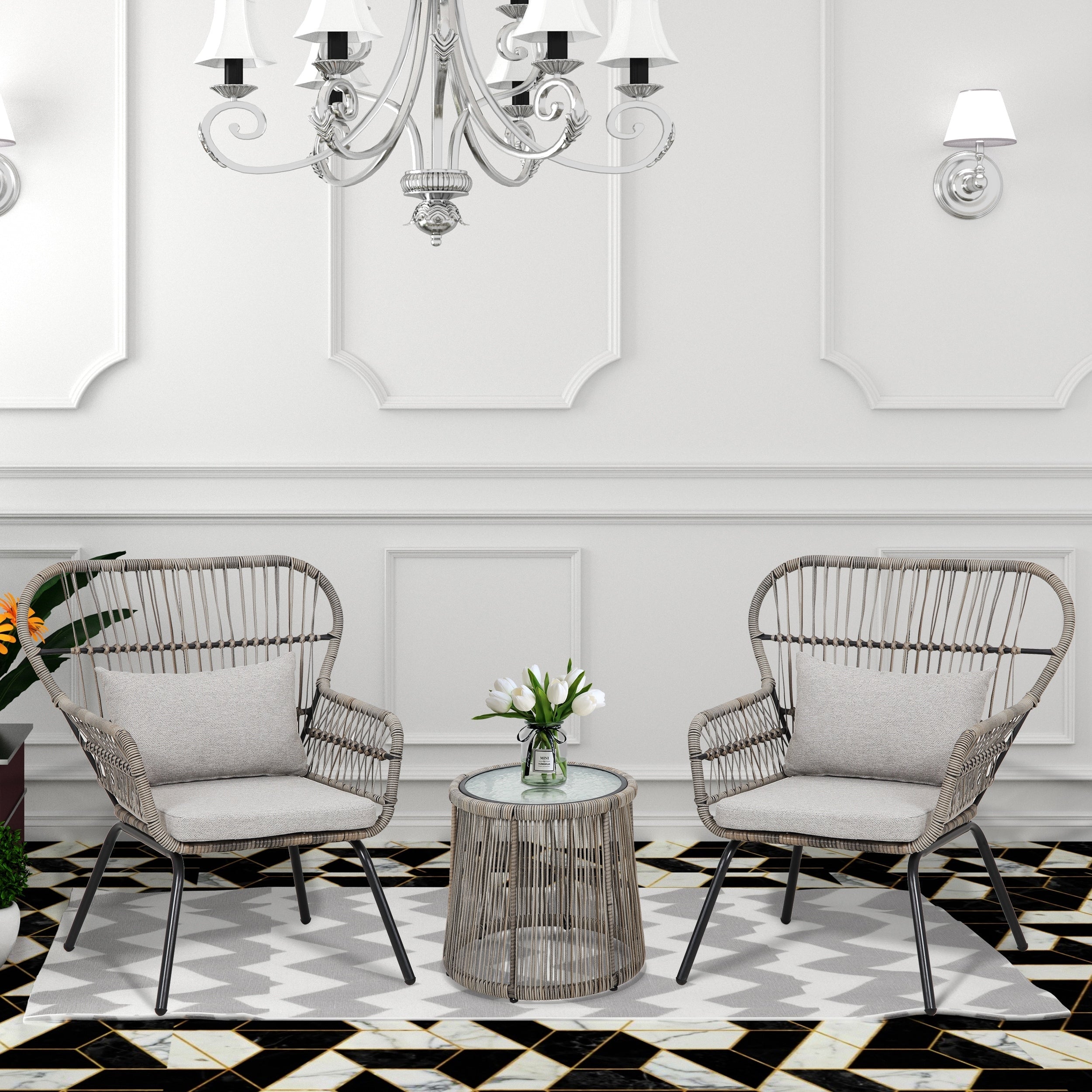 Set da bistrot da conversazione in vimini da esterno, 3 pezzi, set di sedie da giardino in rattan per tutte le stagioni con cuscini