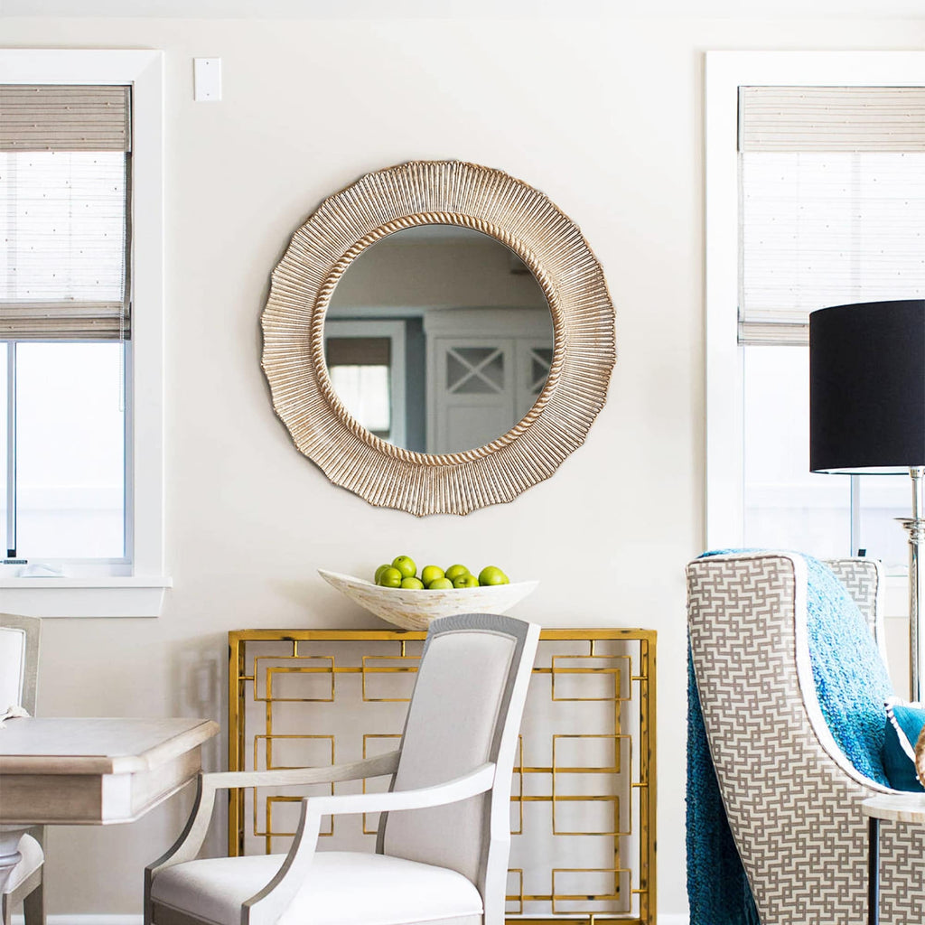 Specchio da parete decorativo rotondo in legno beige bohémien da 30 pollici per il bagno