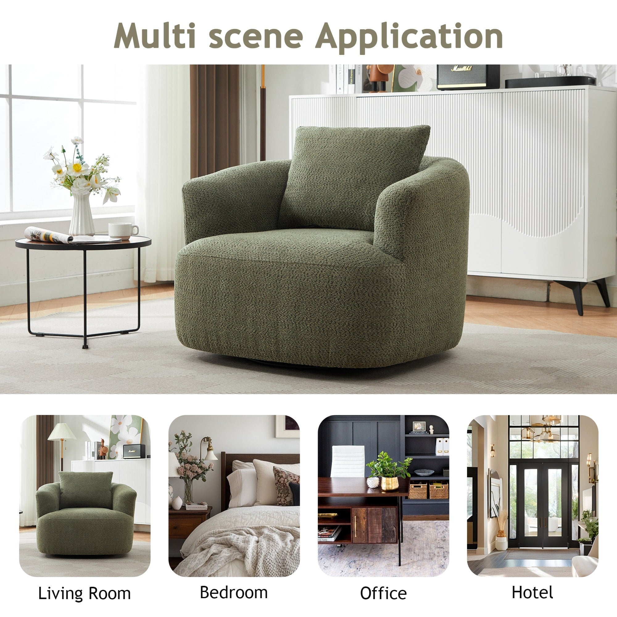 Poltrona girevole a 360°, poltrona in bouclé da 38,2 con cuscino decorativo, poltrona a botte imbottita con braccioli curvi