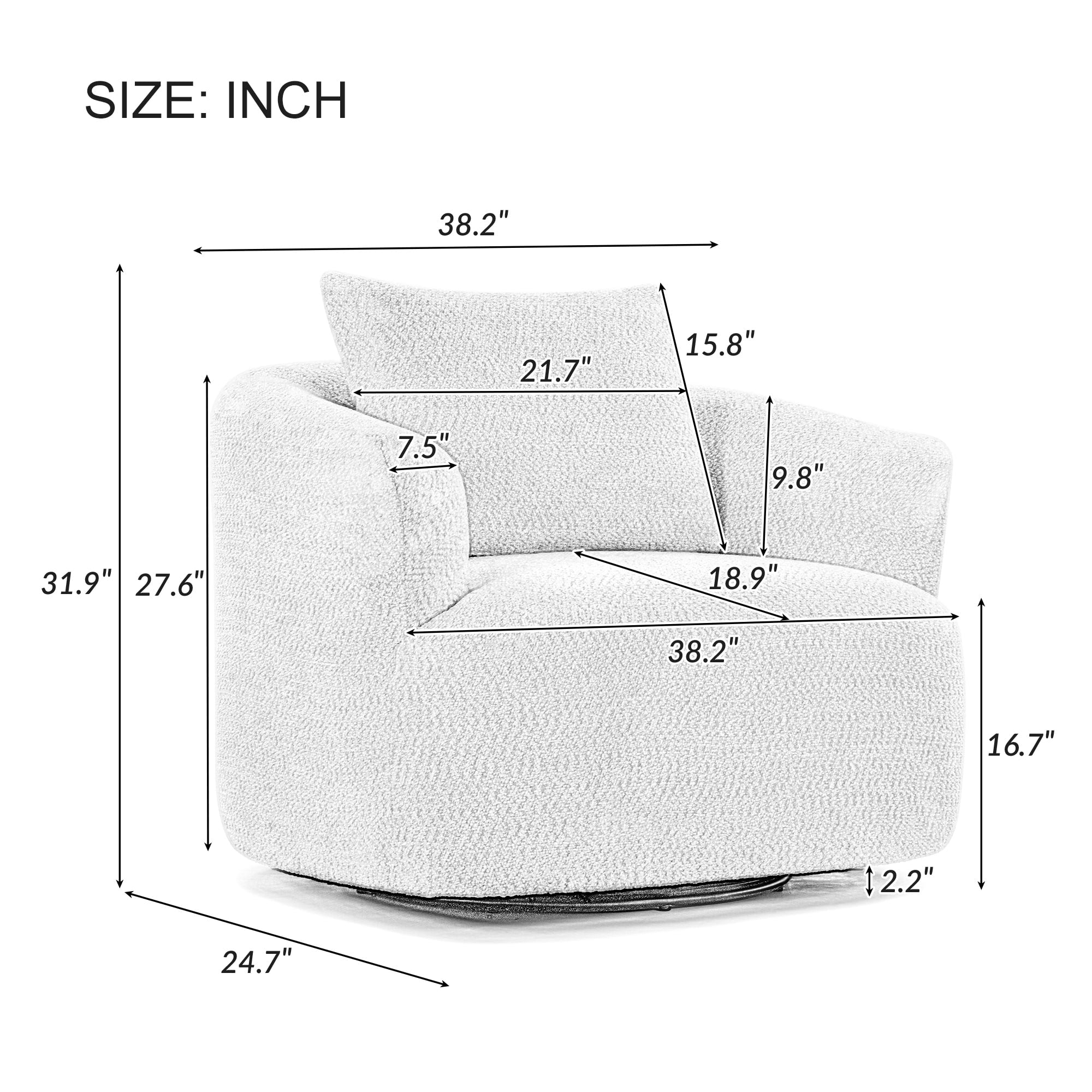 Poltrona girevole a 360°, poltrona in bouclé da 38,2 con cuscino decorativo, poltrona a botte imbottita con braccioli curvi
