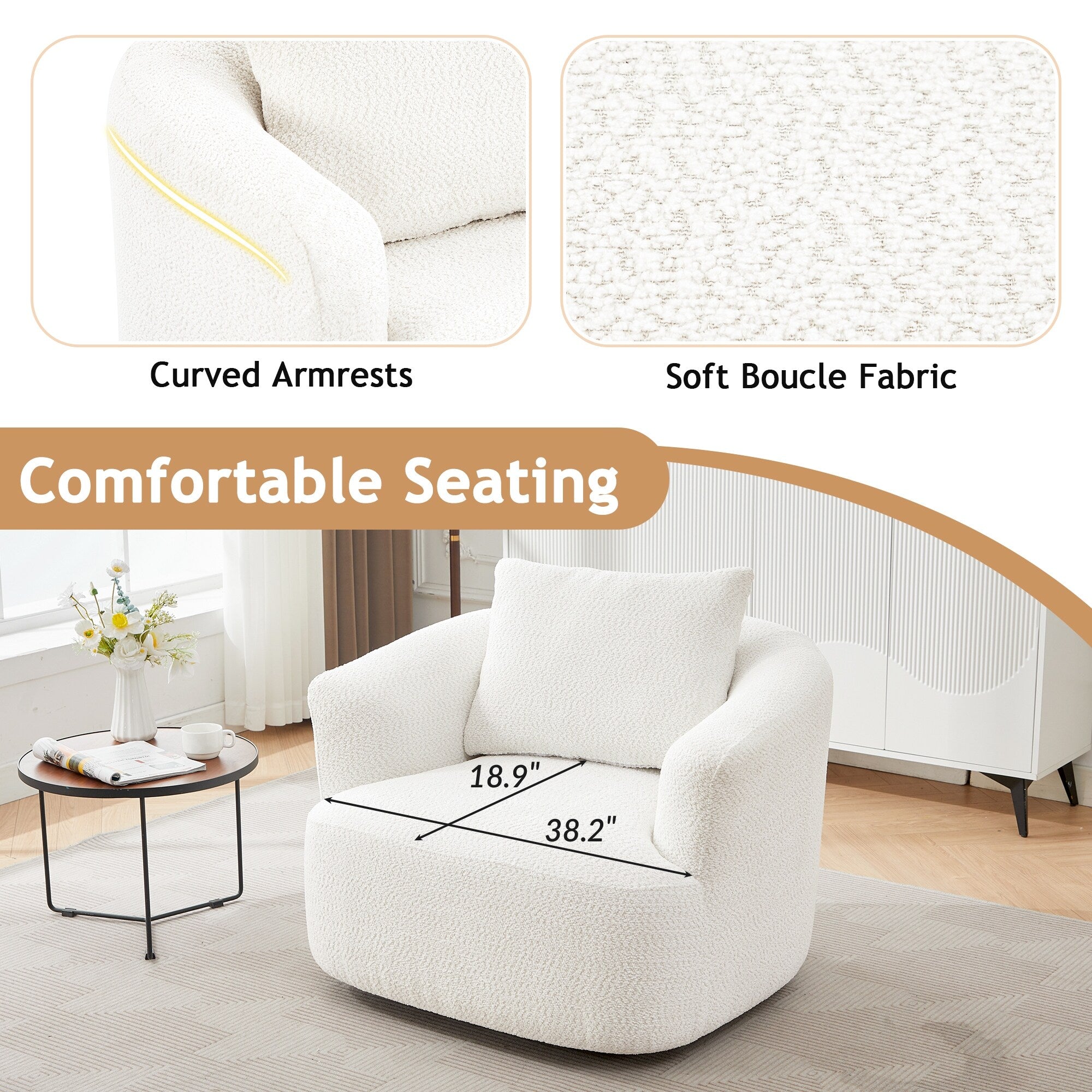 Poltrona girevole a 360°, poltrona in bouclé da 38,2 con cuscino decorativo, poltrona a botte imbottita con braccioli curvi