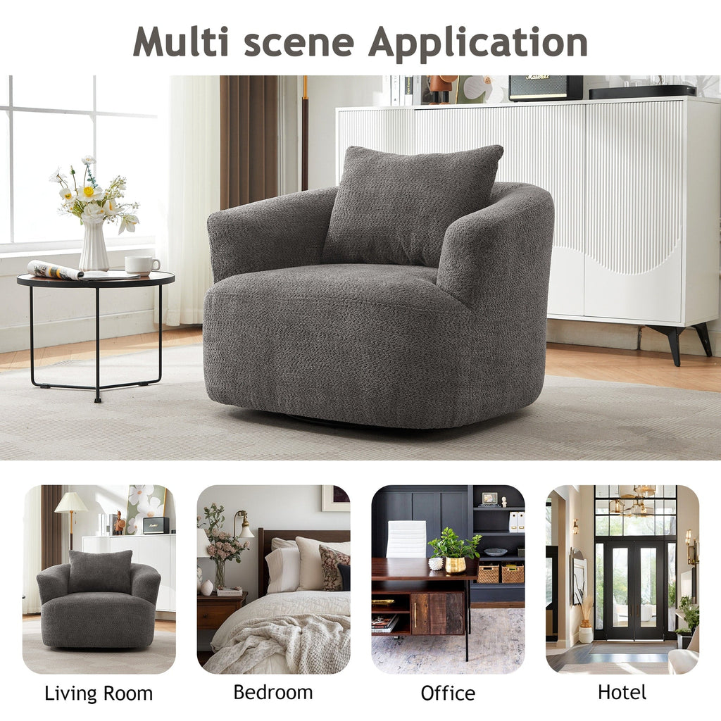 Poltrona girevole a 360°, poltrona in bouclé da 38,2 con cuscino decorativo, poltrona a botte imbottita con braccioli curvi